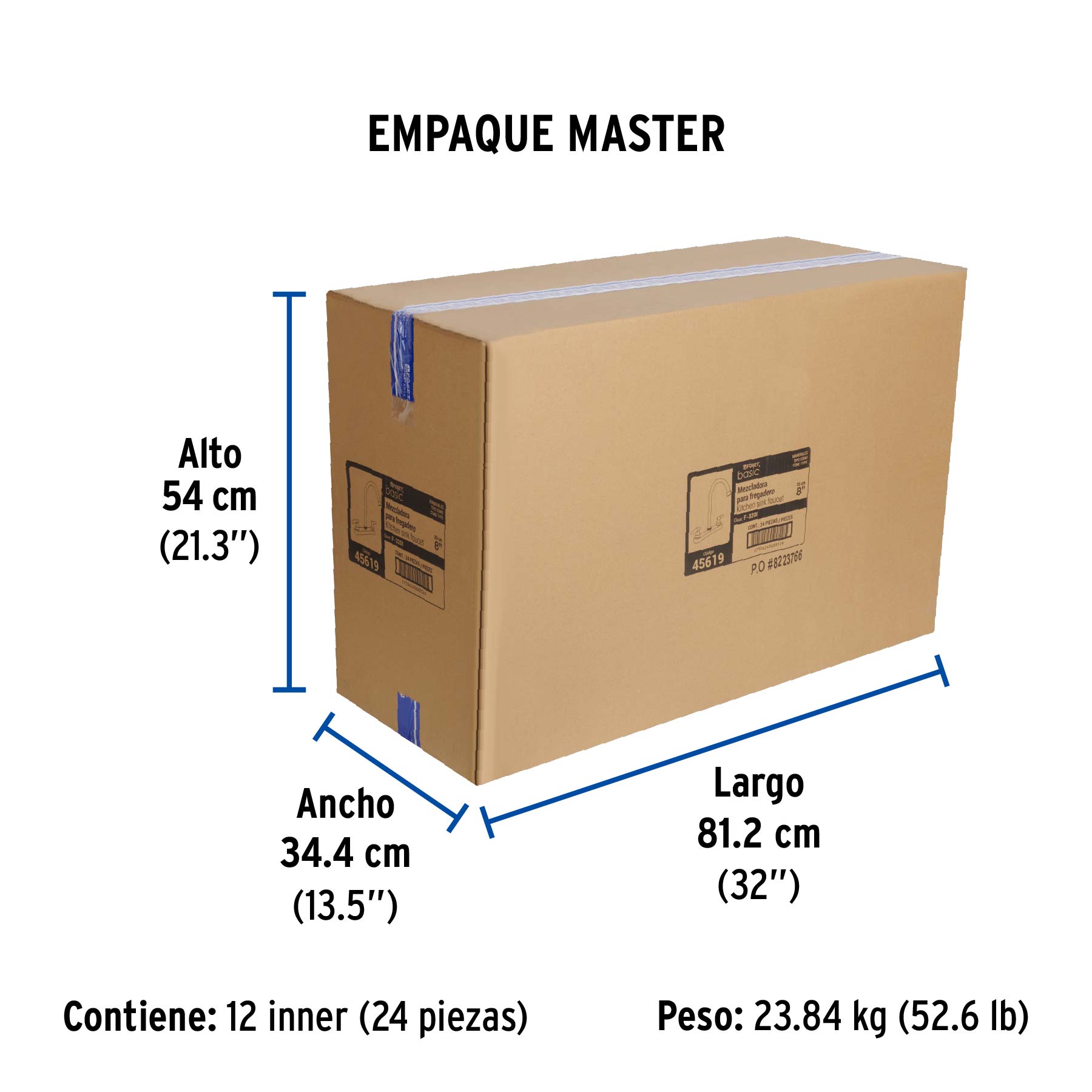 Mezcladora 8" fregadero cromo, cuello curvo, cono, BASIC - Empaque