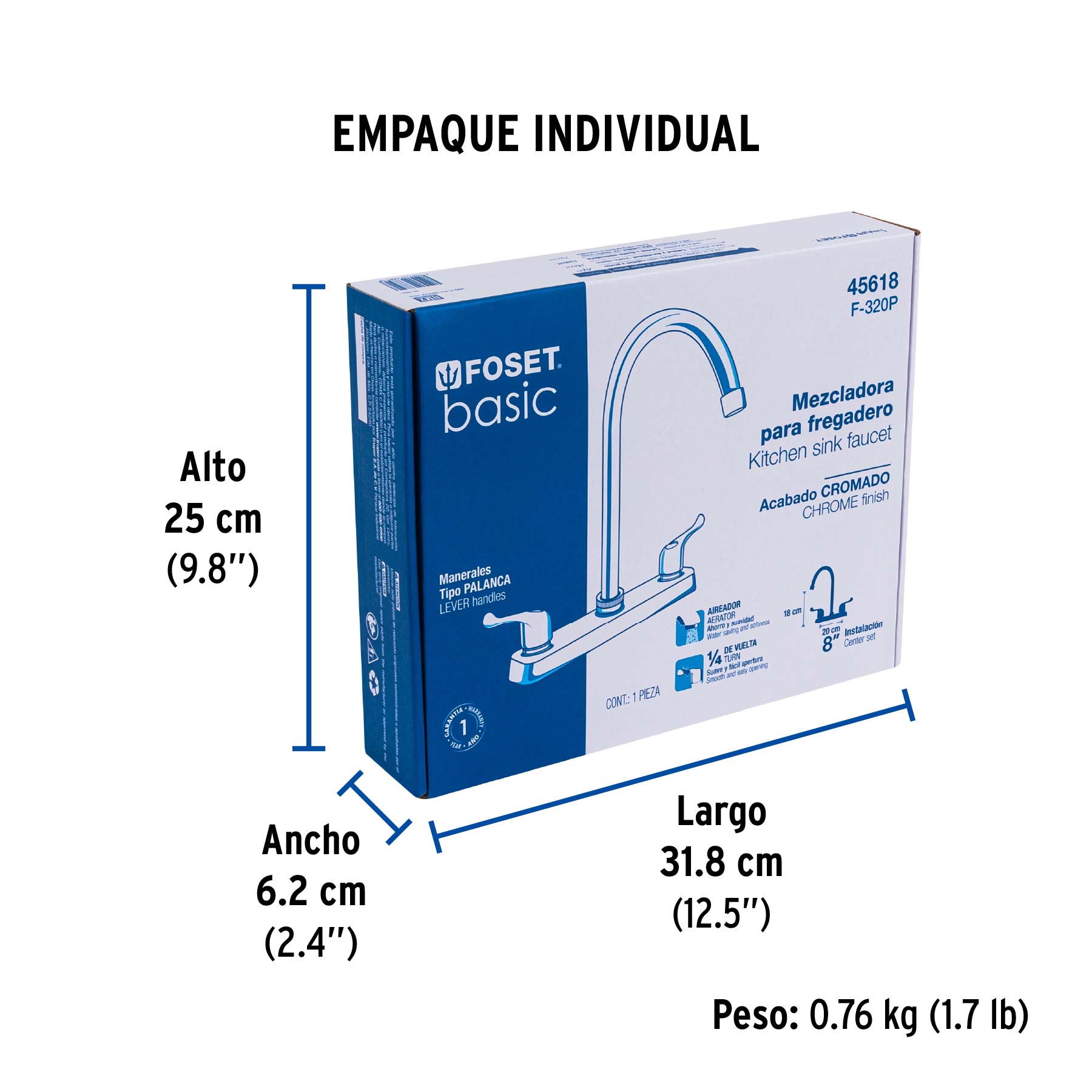 Mezcladora 8" fregadero cromo, cuello curvo, palanca, BASIC - Empaque