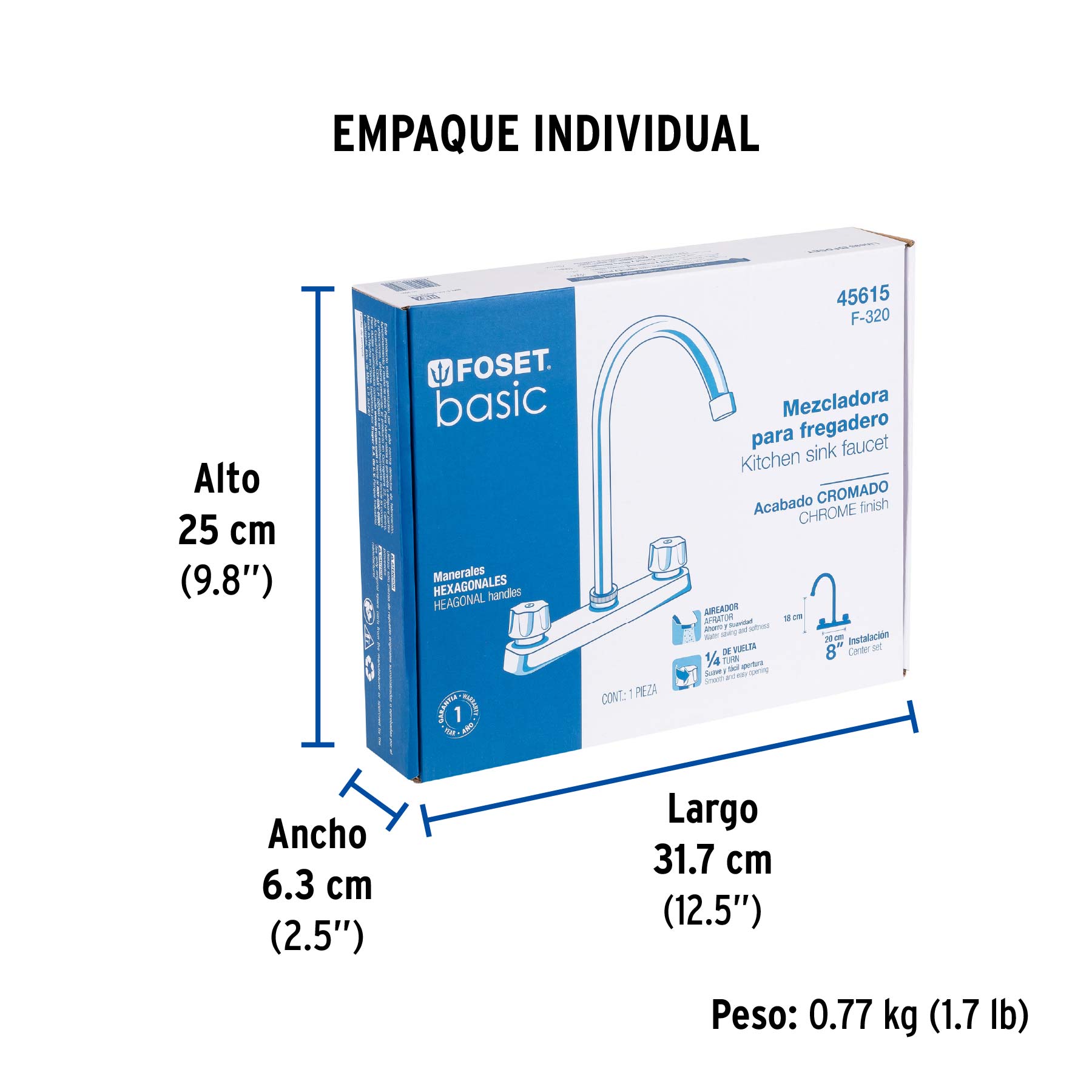 Mezcladora 8" fregadero cromo, cuello curvo,hexagonal, BASIC - Empaque