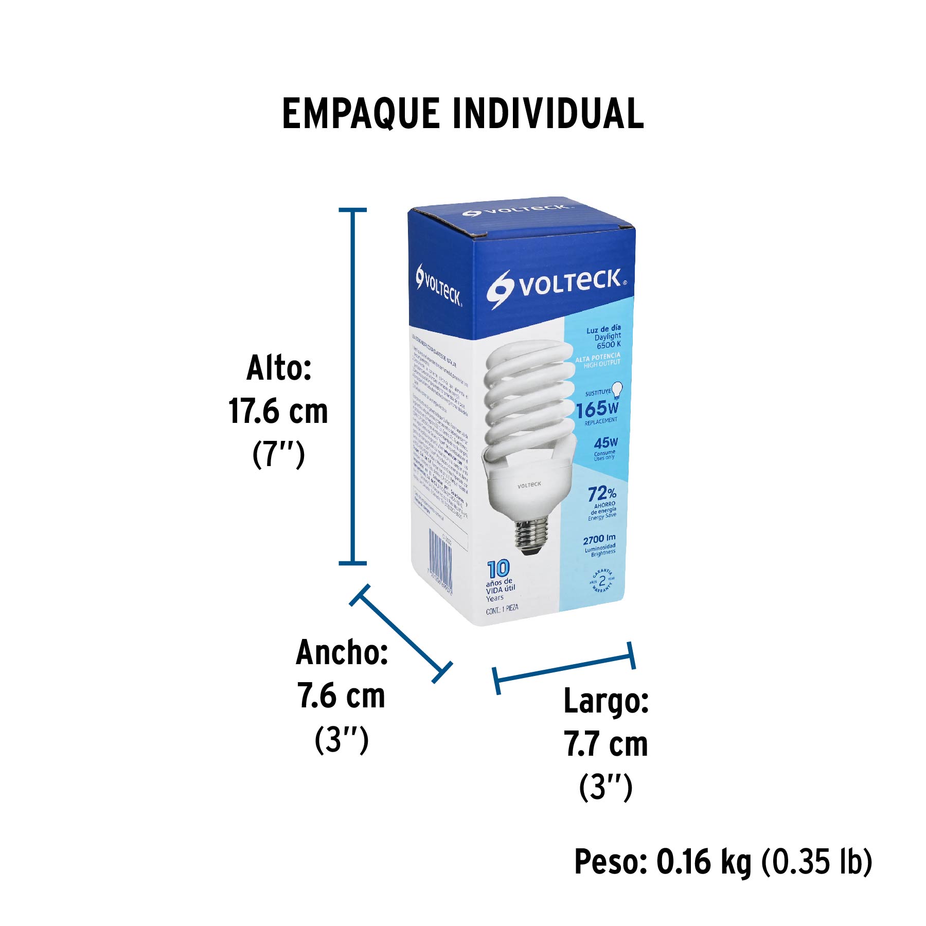 Lámpara espiral T4 45 W alta potencia luz de día, caja - Empaque