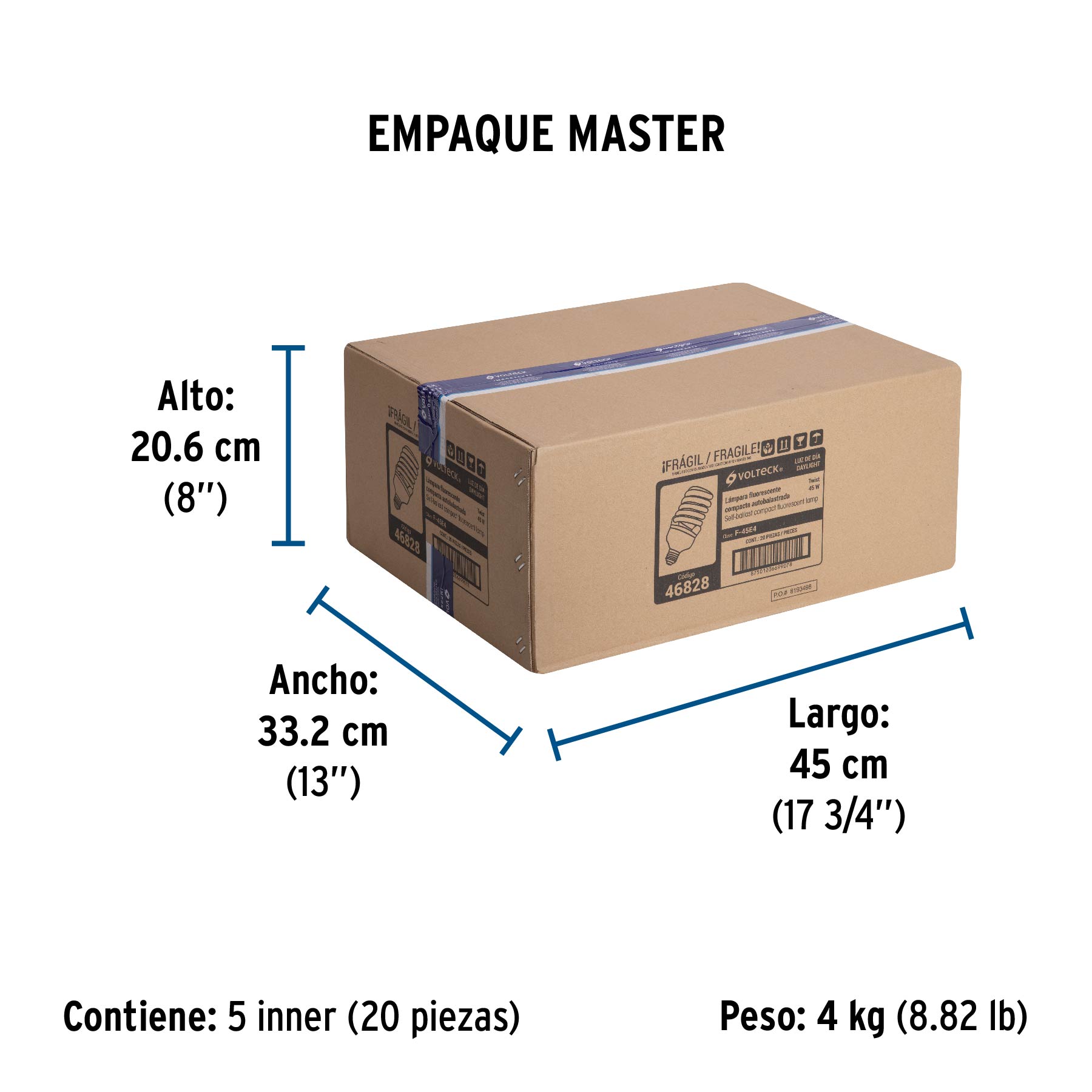 Lámpara espiral T4 45 W alta potencia luz de día, caja - Empaque