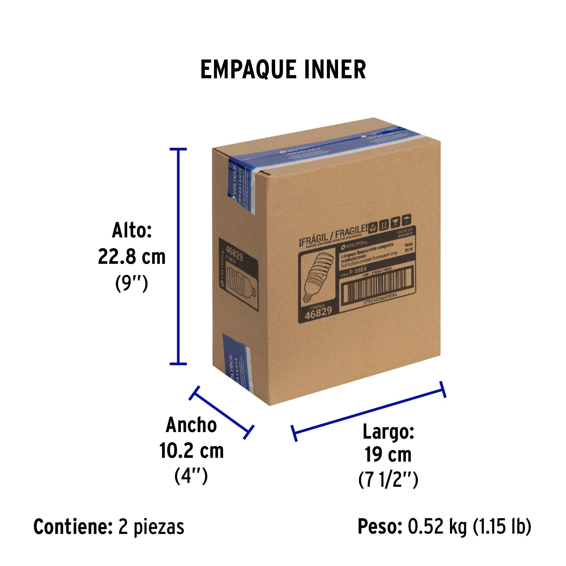 Lámpara espiral T4 55 W alta potencia luz de día, caja - Empaque