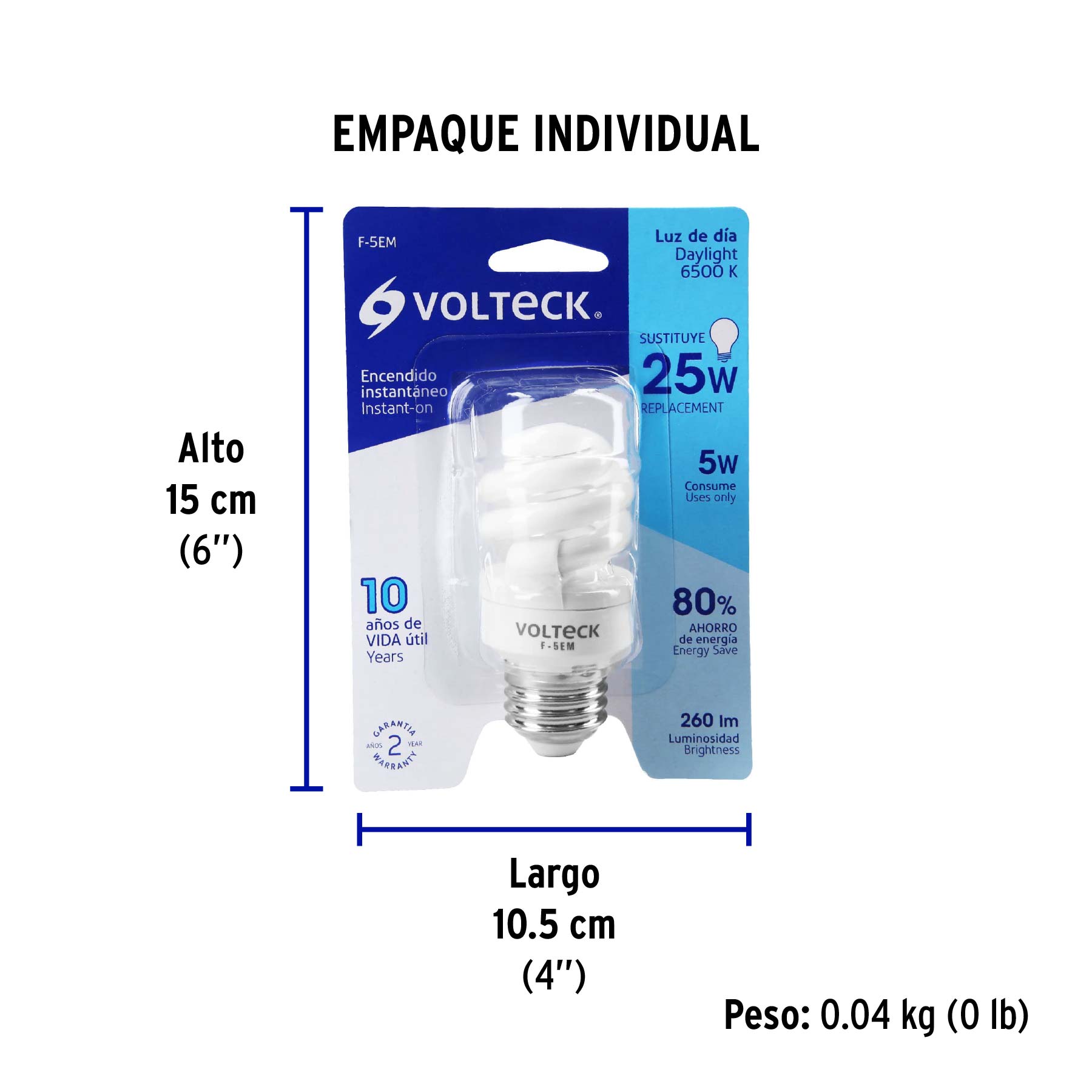 Lámpara espiral mini T2 5 W luz de día en blíster, VOLTECK - Empaque