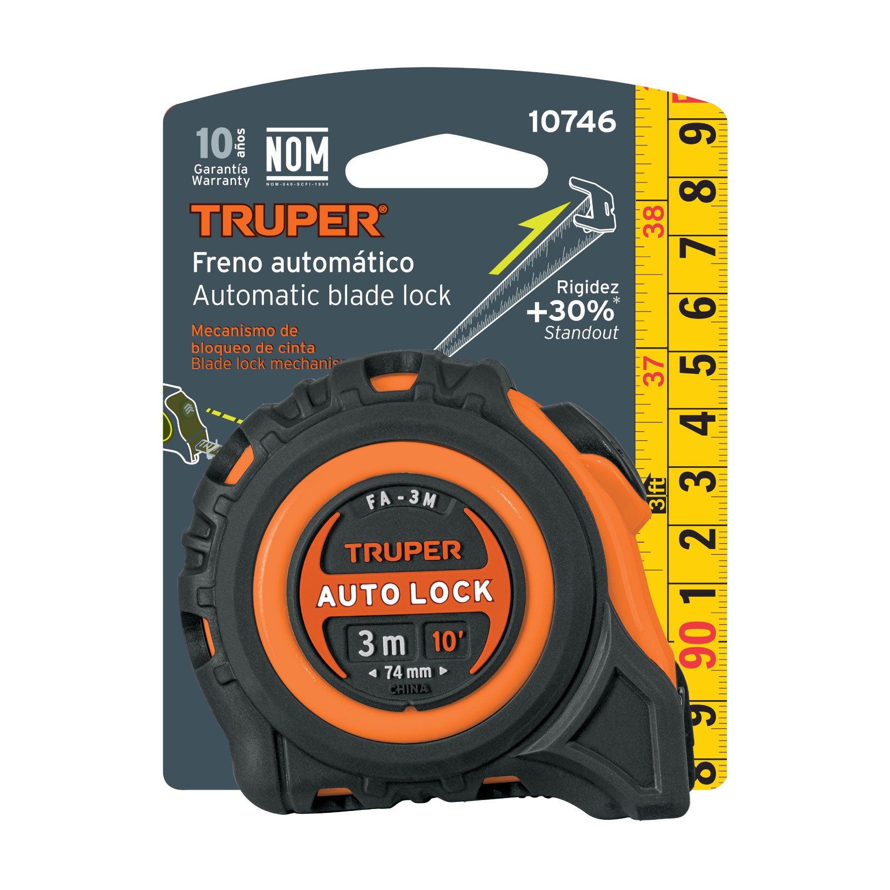 Flexómetro Auto-Lock contra impactos 3 m cinta 16 mm, TRUPER