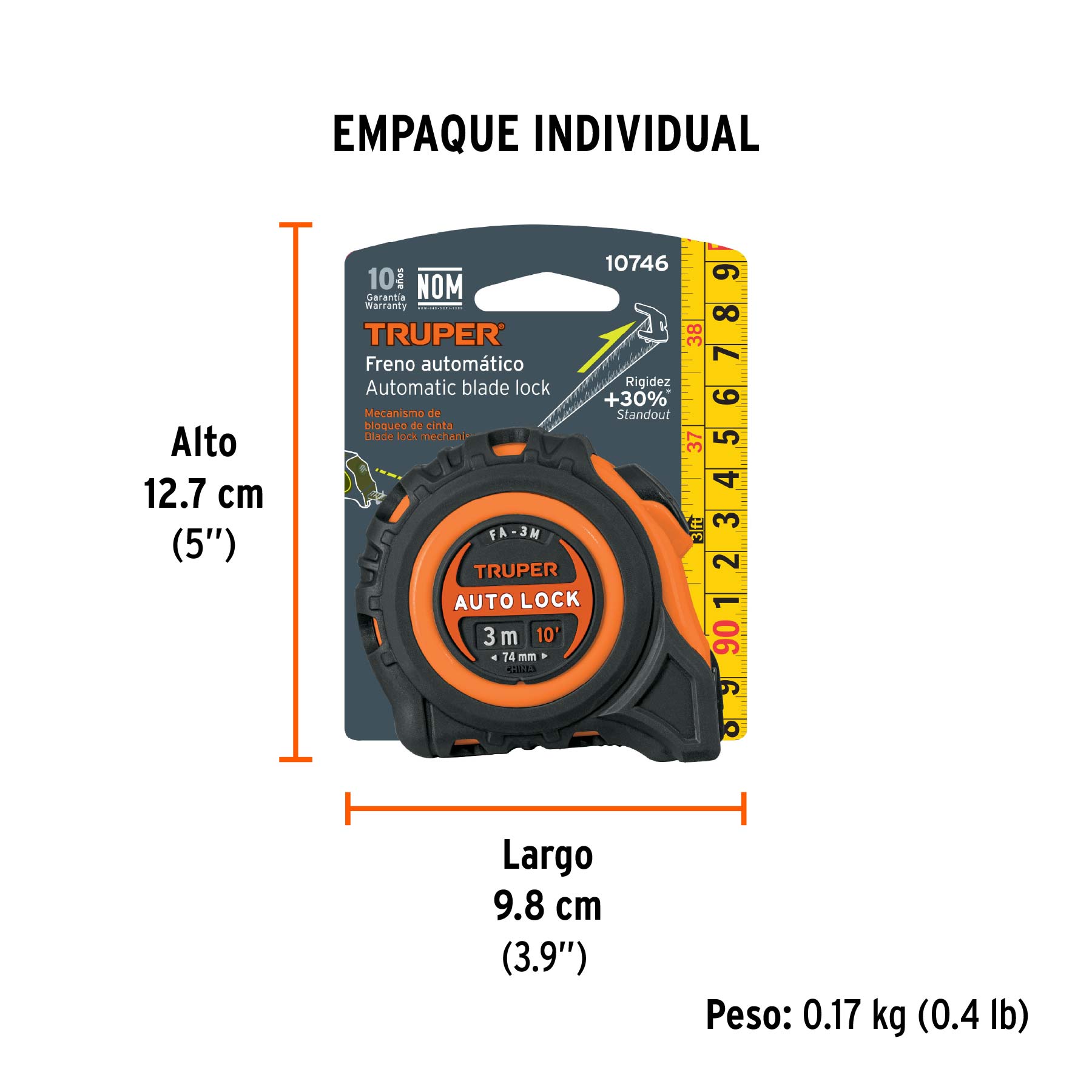 Flexómetro Auto-Lock contra impactos 3 m cinta 16 mm, TRUPER - Empaque