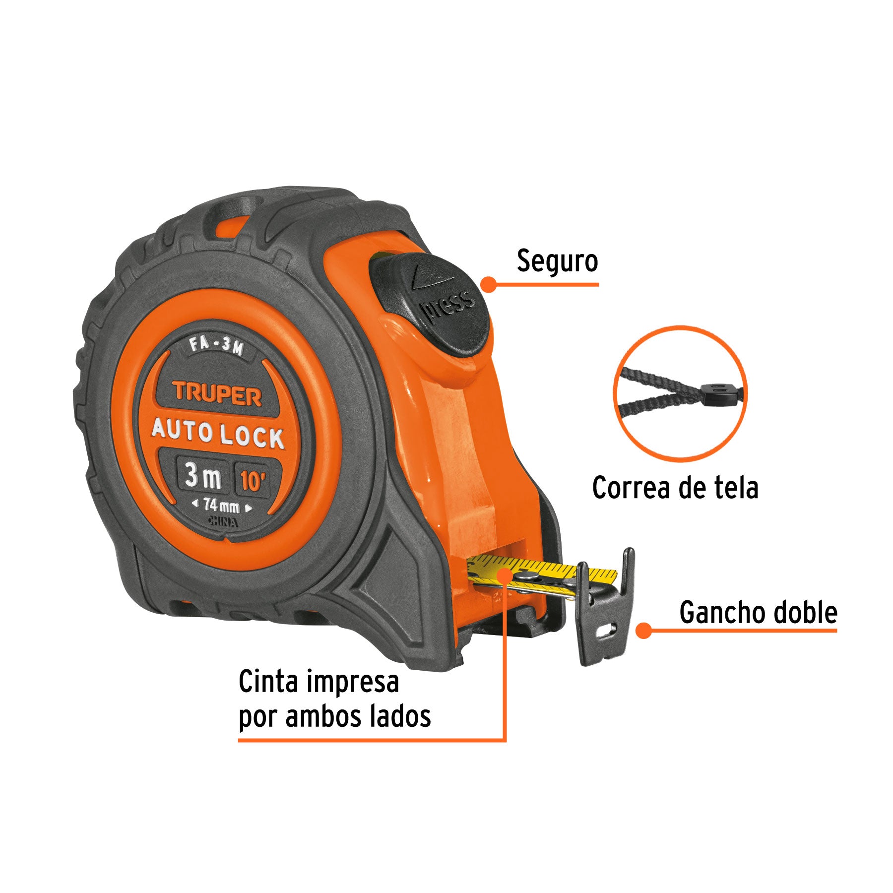 Flexómetro Auto-Lock contra impactos 3 m cinta 16 mm, TRUPER