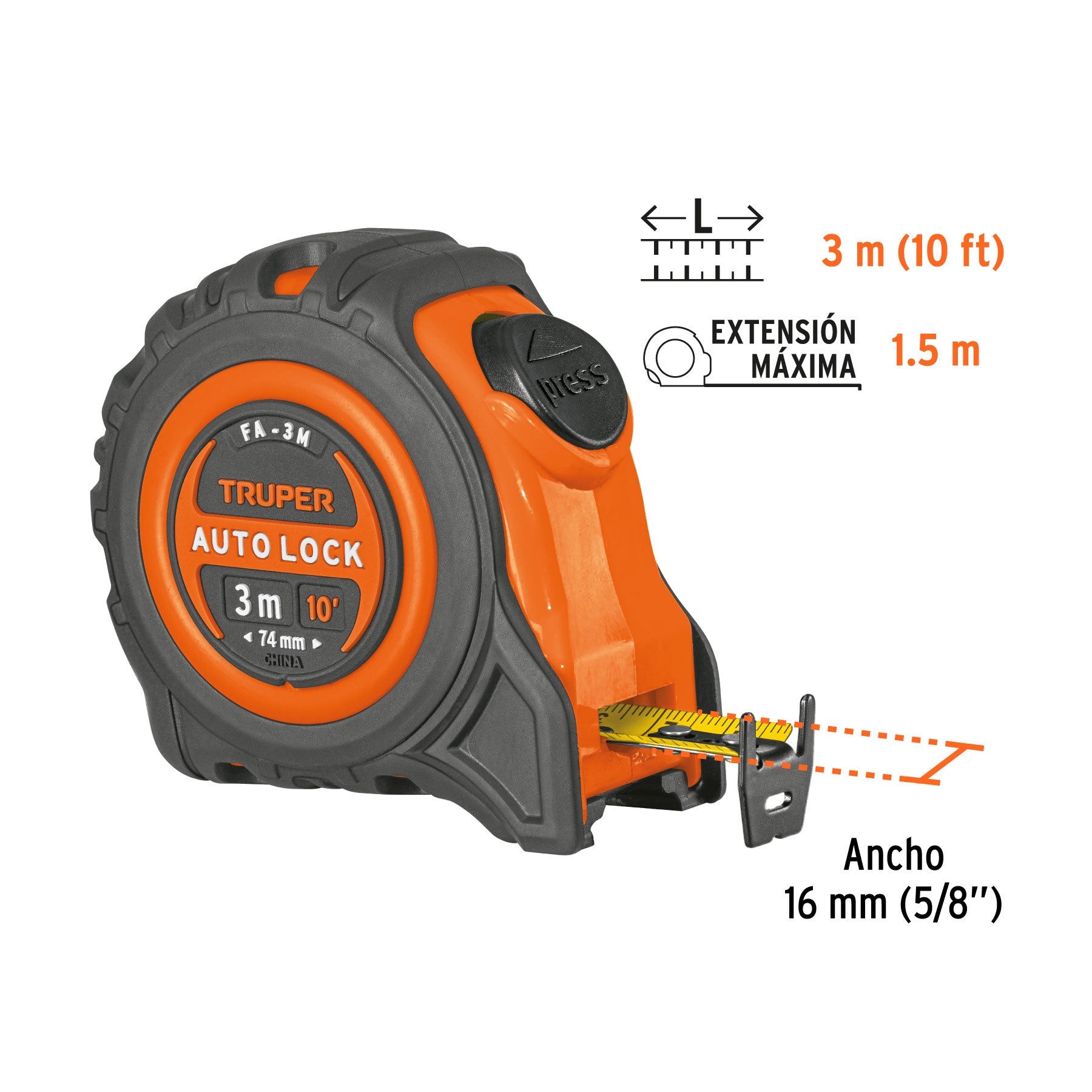 Flexómetro Auto-Lock contra impactos 3 m cinta 16 mm, TRUPER