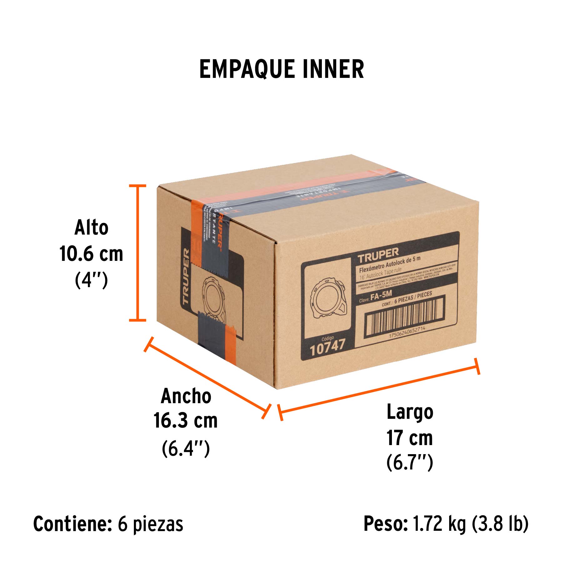 Flexómetro Auto-Lock contra impactos 5 m cinta 19 mm, TRUPER - Empaque