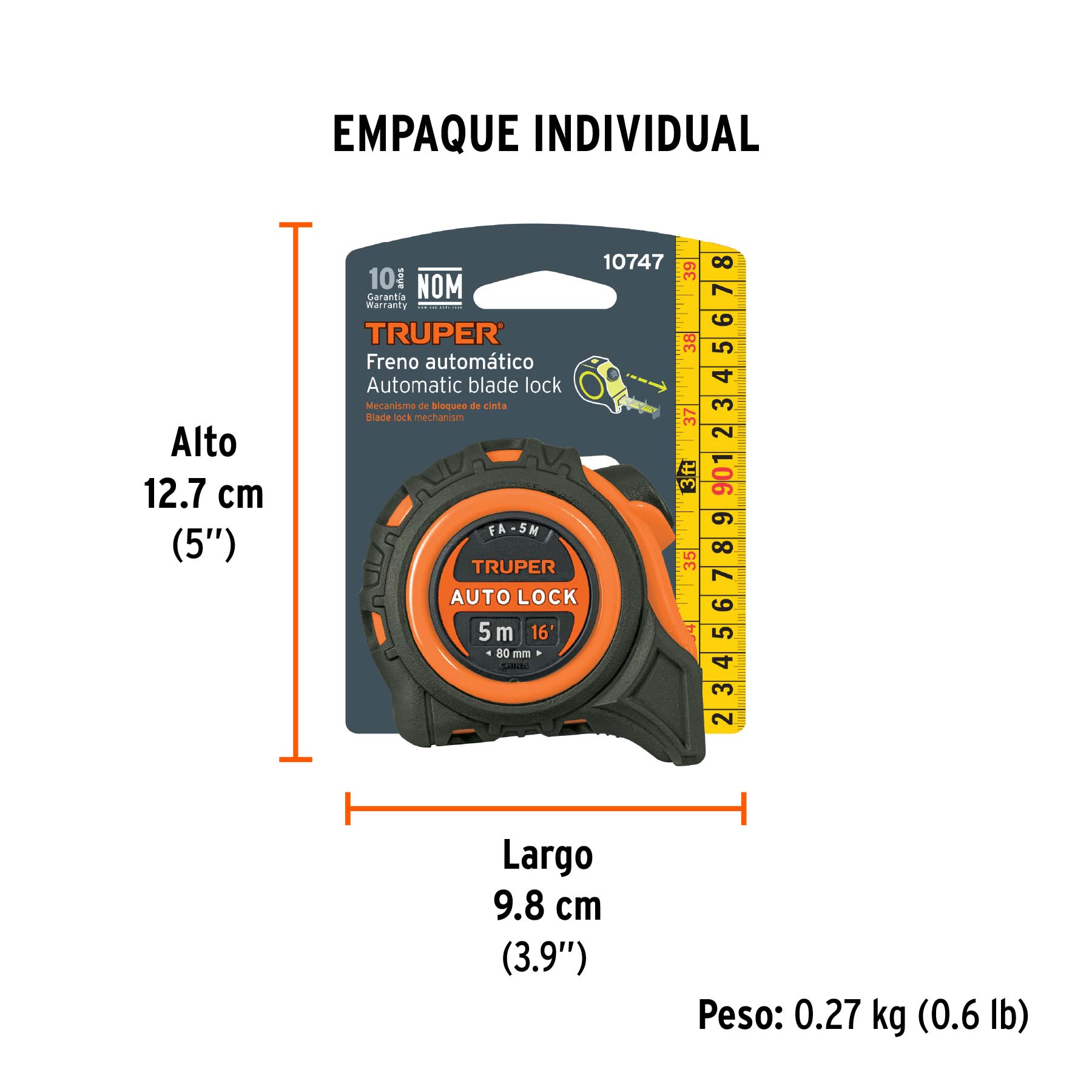 Flexómetro Auto-Lock contra impactos 5 m cinta 19 mm, TRUPER - Empaque