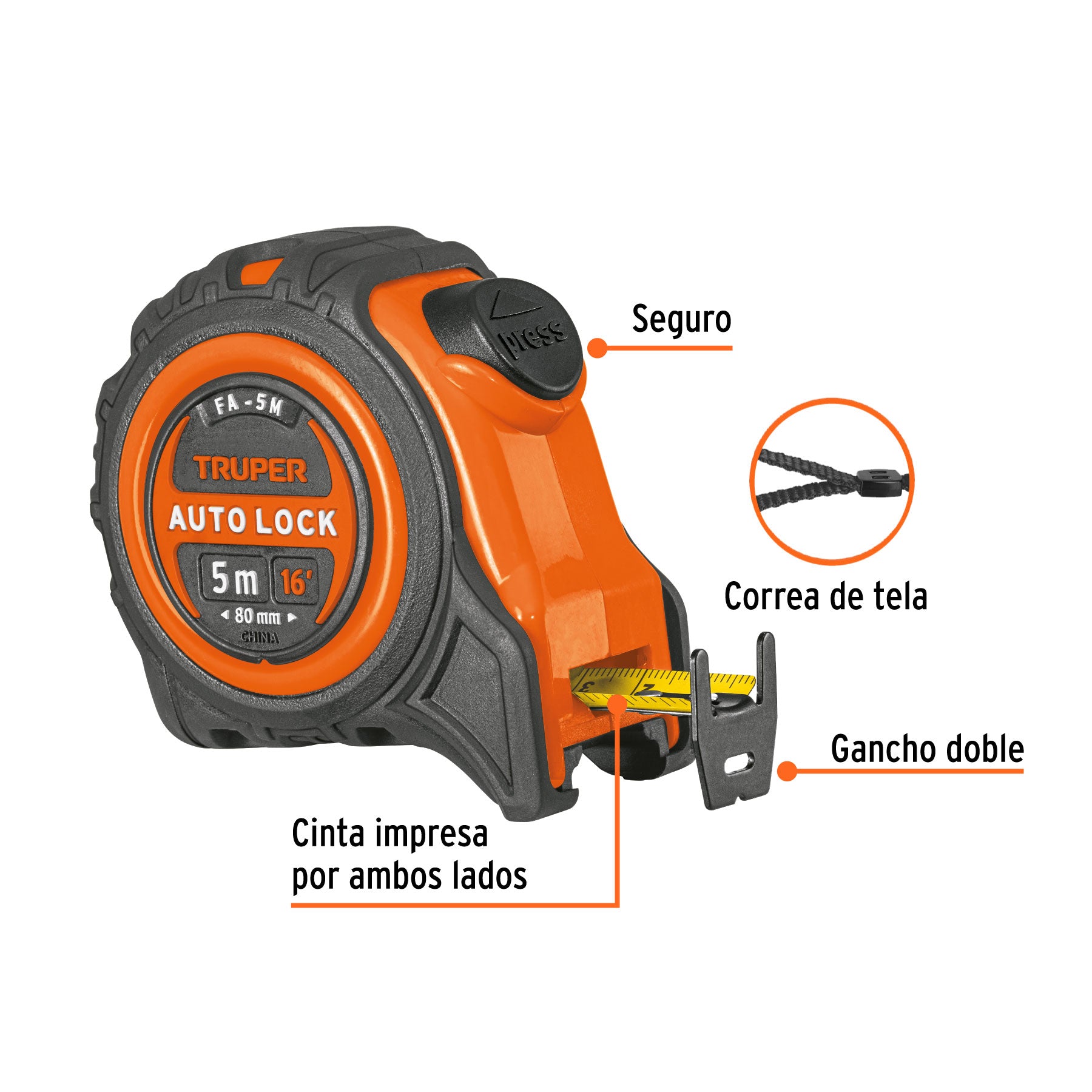 Flexómetro Auto-Lock contra impactos 5 m cinta 19 mm, TRUPER