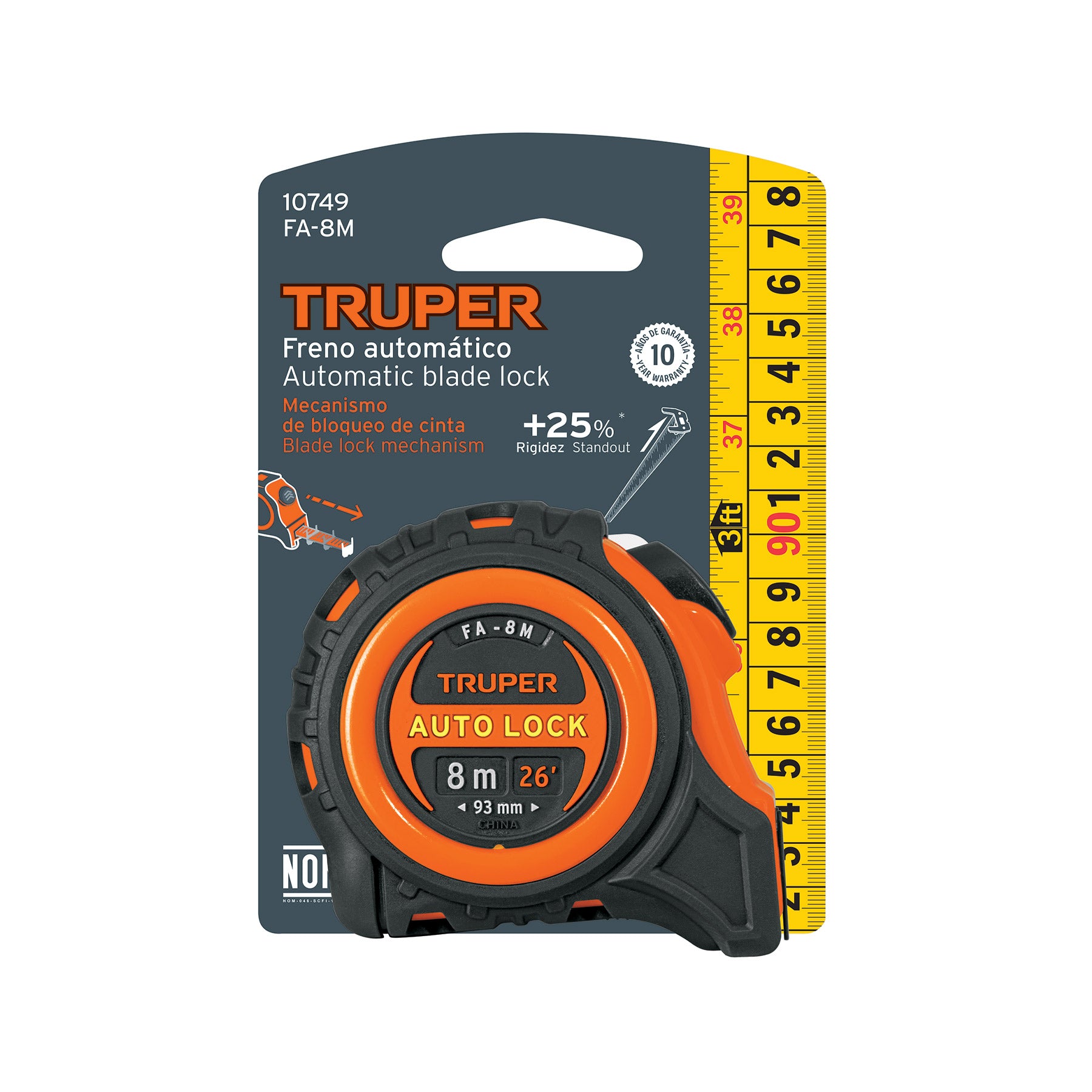 Flexómetro Auto-Lock contra impactos 8 m cinta 25 mm, TRUPER