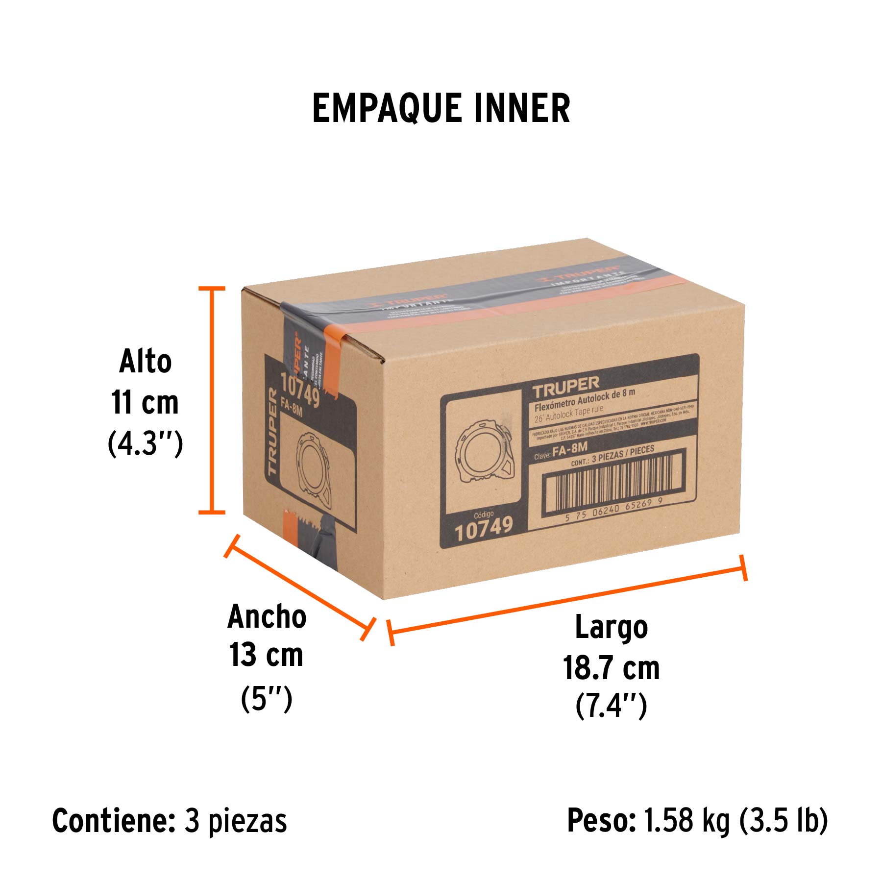 Flexómetro Auto-Lock contra impactos 8 m cinta 25 mm, TRUPER - Empaque