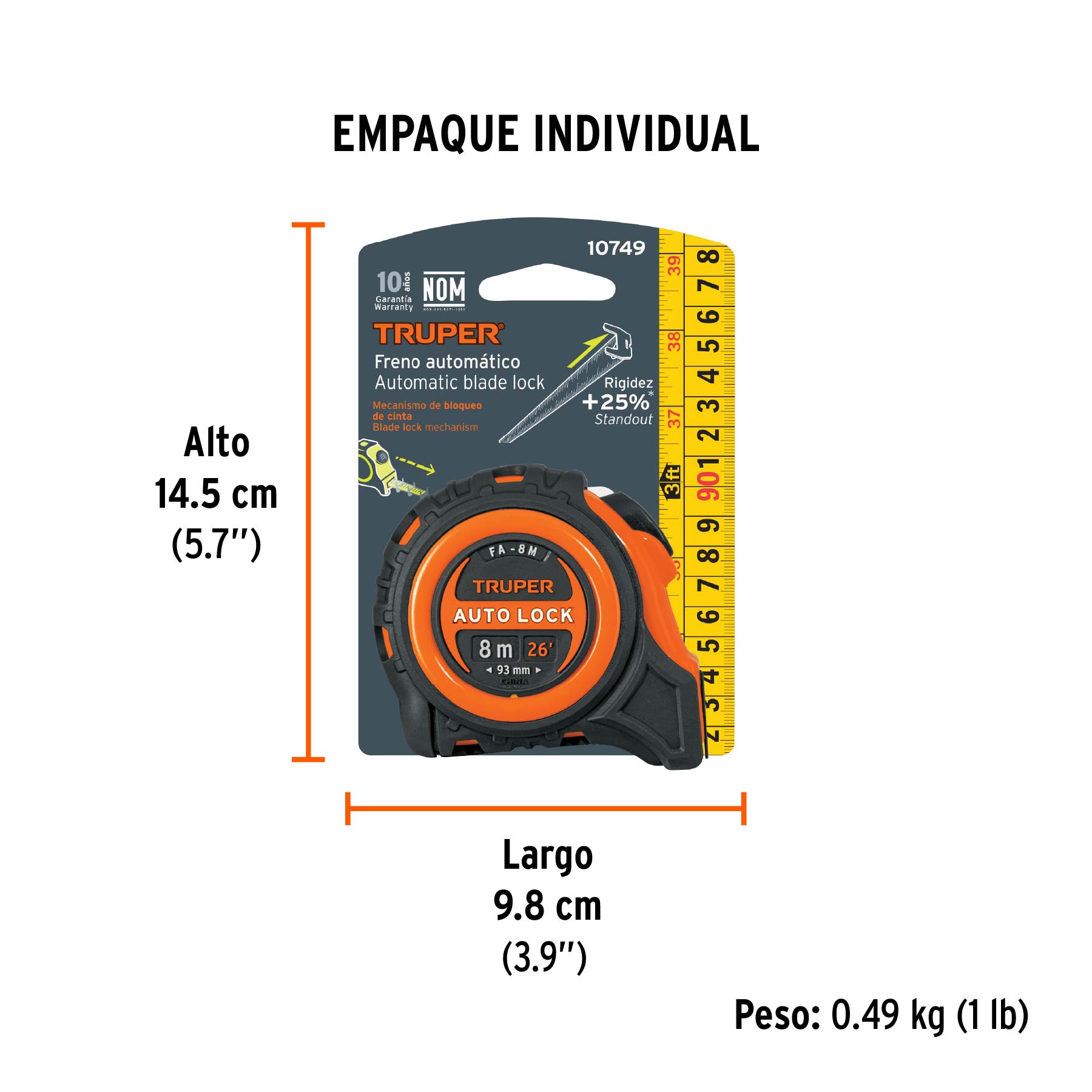 Flexómetro Auto-Lock contra impactos 8 m cinta 25 mm, TRUPER - Empaque