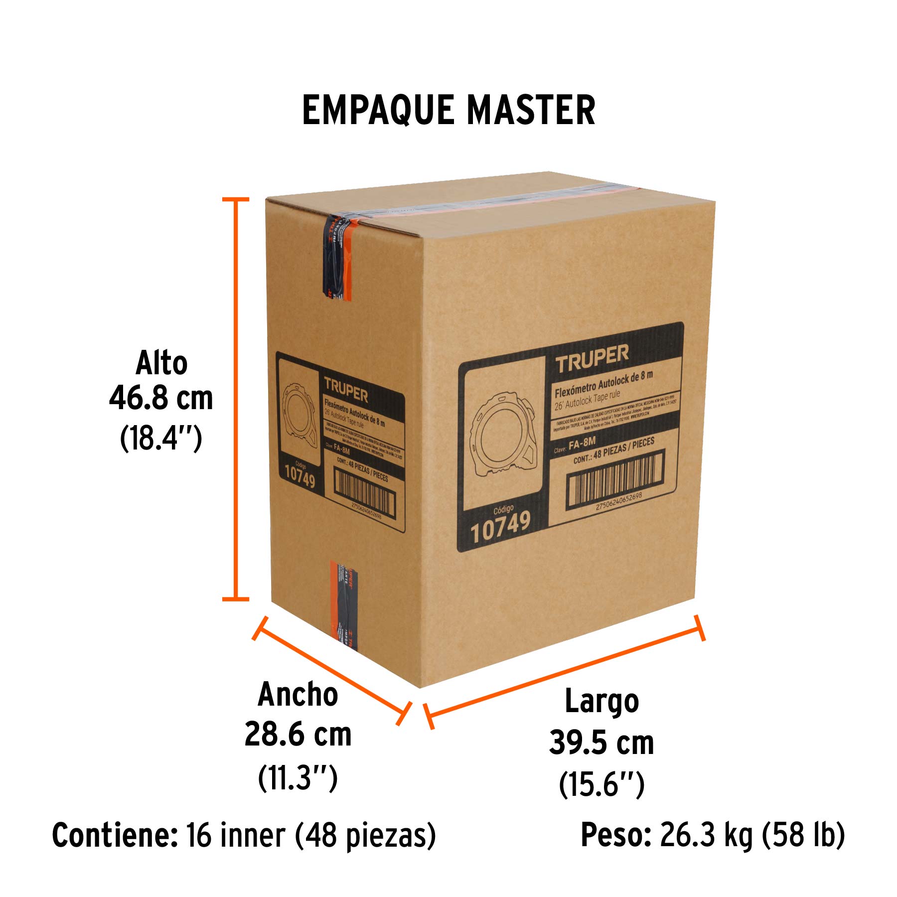Flexómetro Auto-Lock contra impactos 8 m cinta 25 mm, TRUPER - Empaque