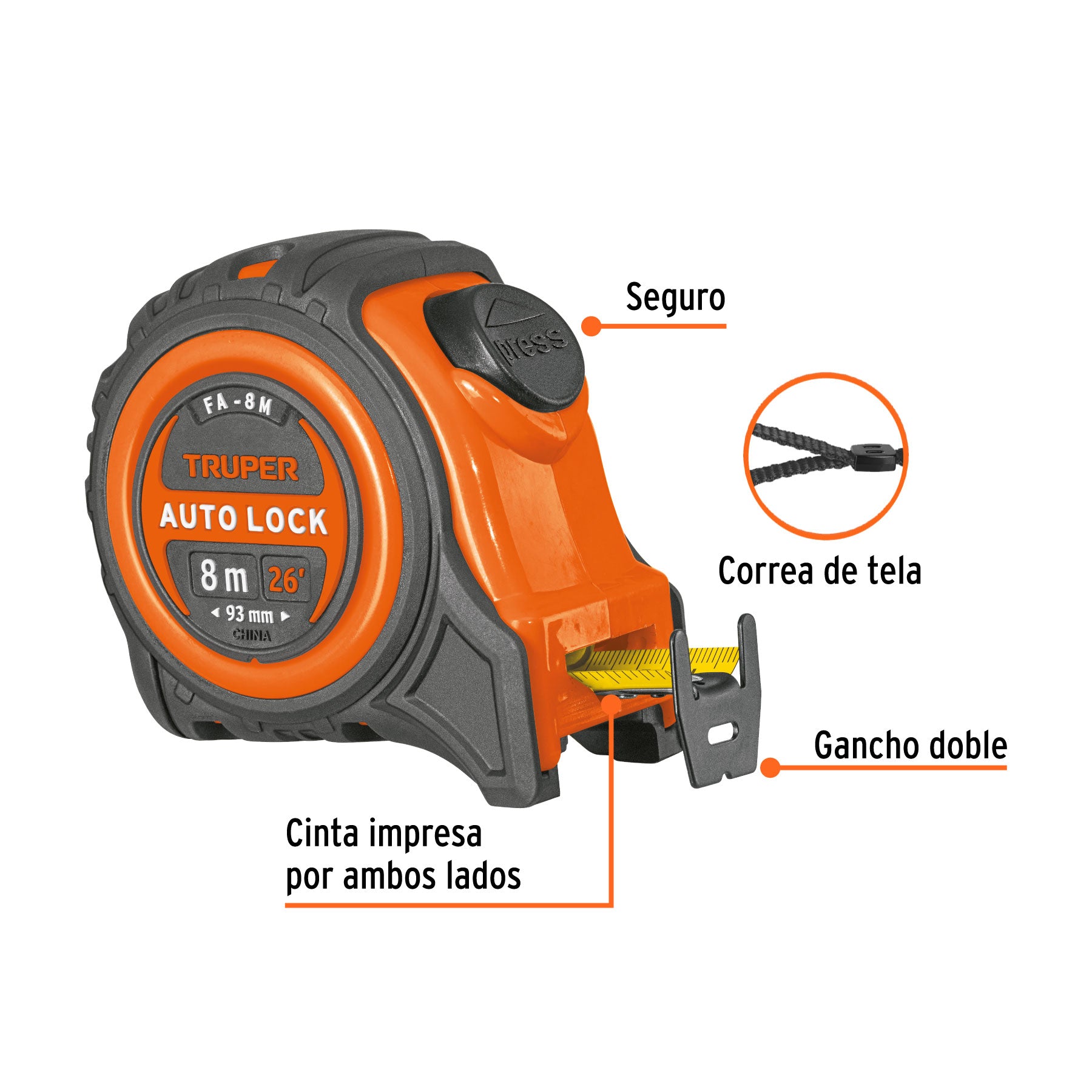 Flexómetro Auto-Lock contra impactos 8 m cinta 25 mm, TRUPER