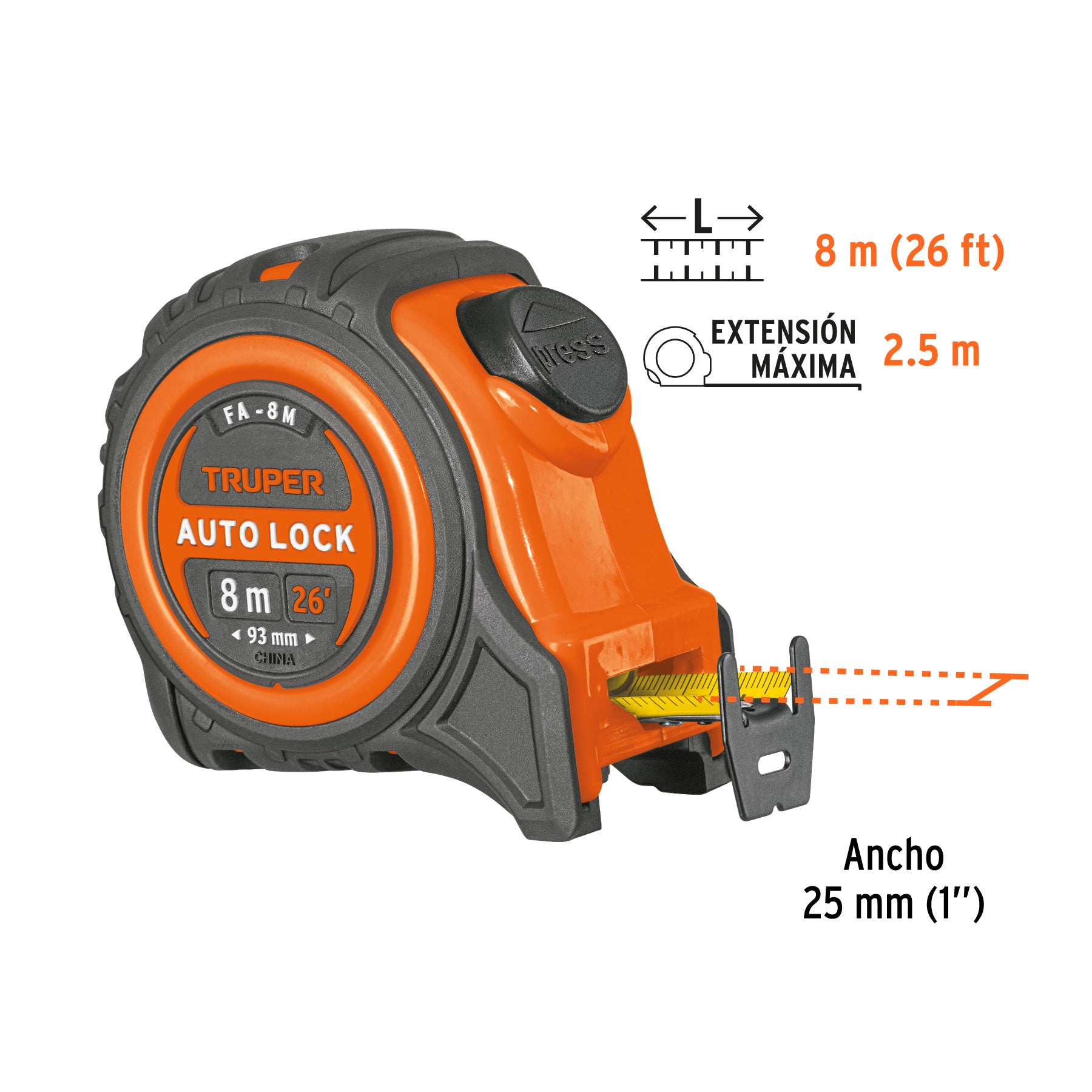 Flexómetro Auto-Lock contra impactos 8 m cinta 25 mm, TRUPER