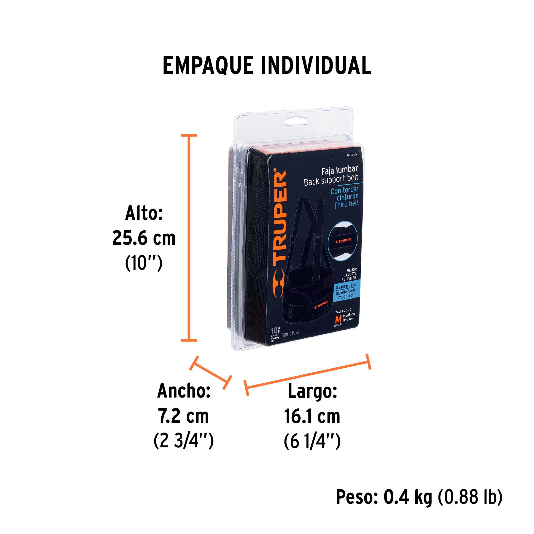 Faja lumbar con tercer cinturón, talla M, TRUPER - Empaque