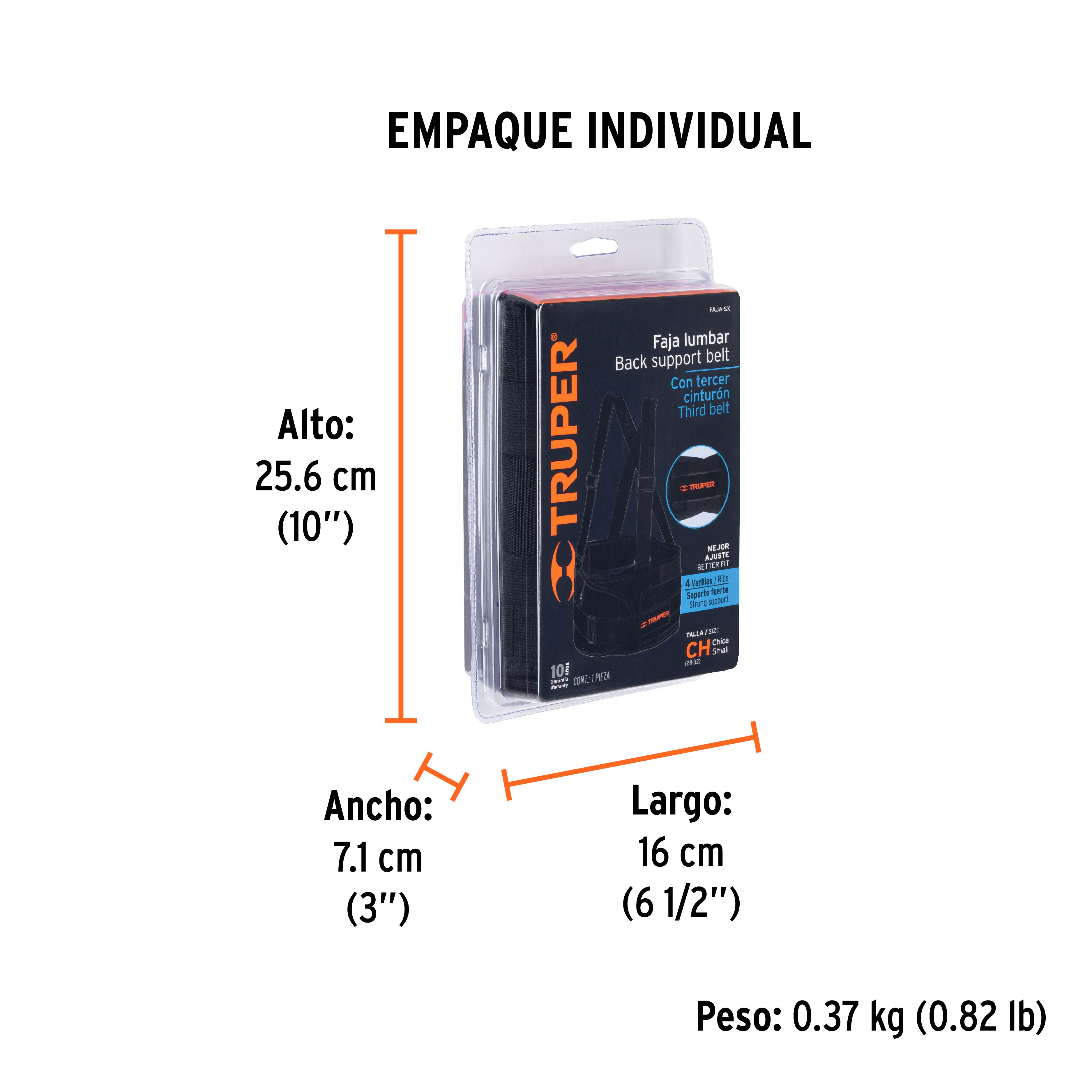 Faja lumbar con tercer cinturón, talla CH, TRUPER - Empaque