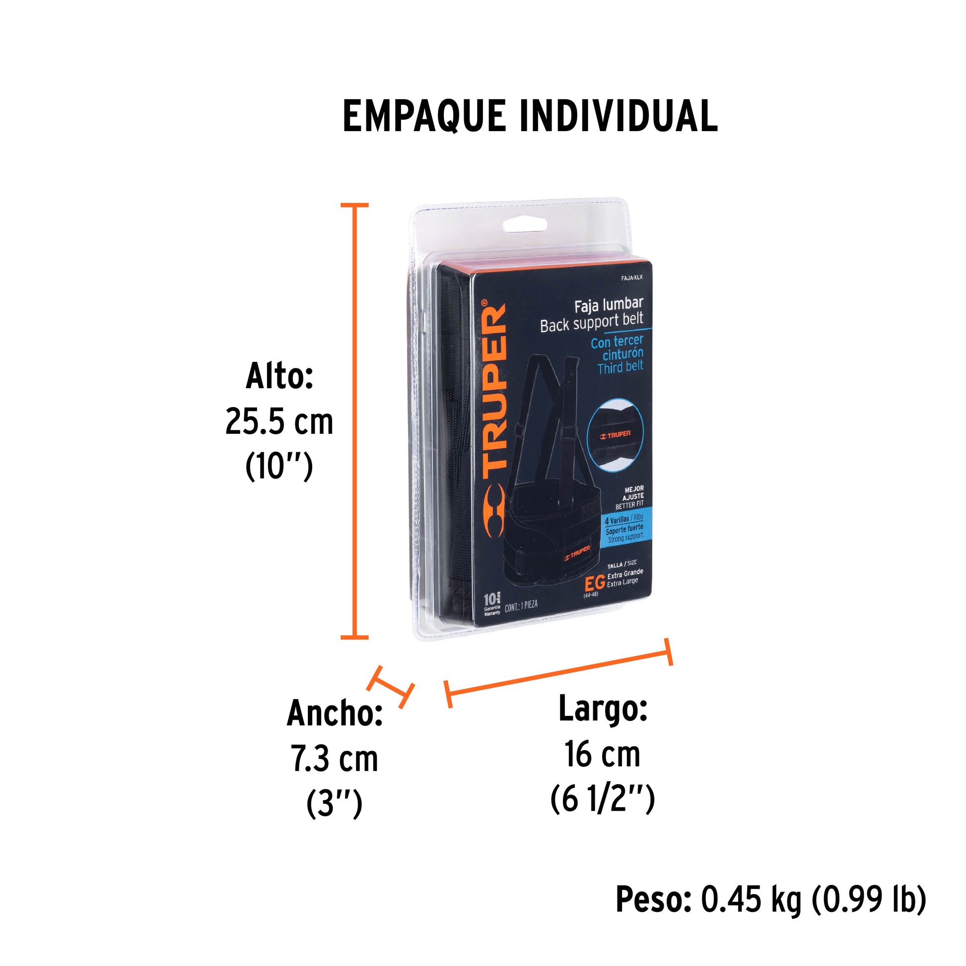 Faja lumbar con tercer cinturón, talla XG, TRUPER - Empaque