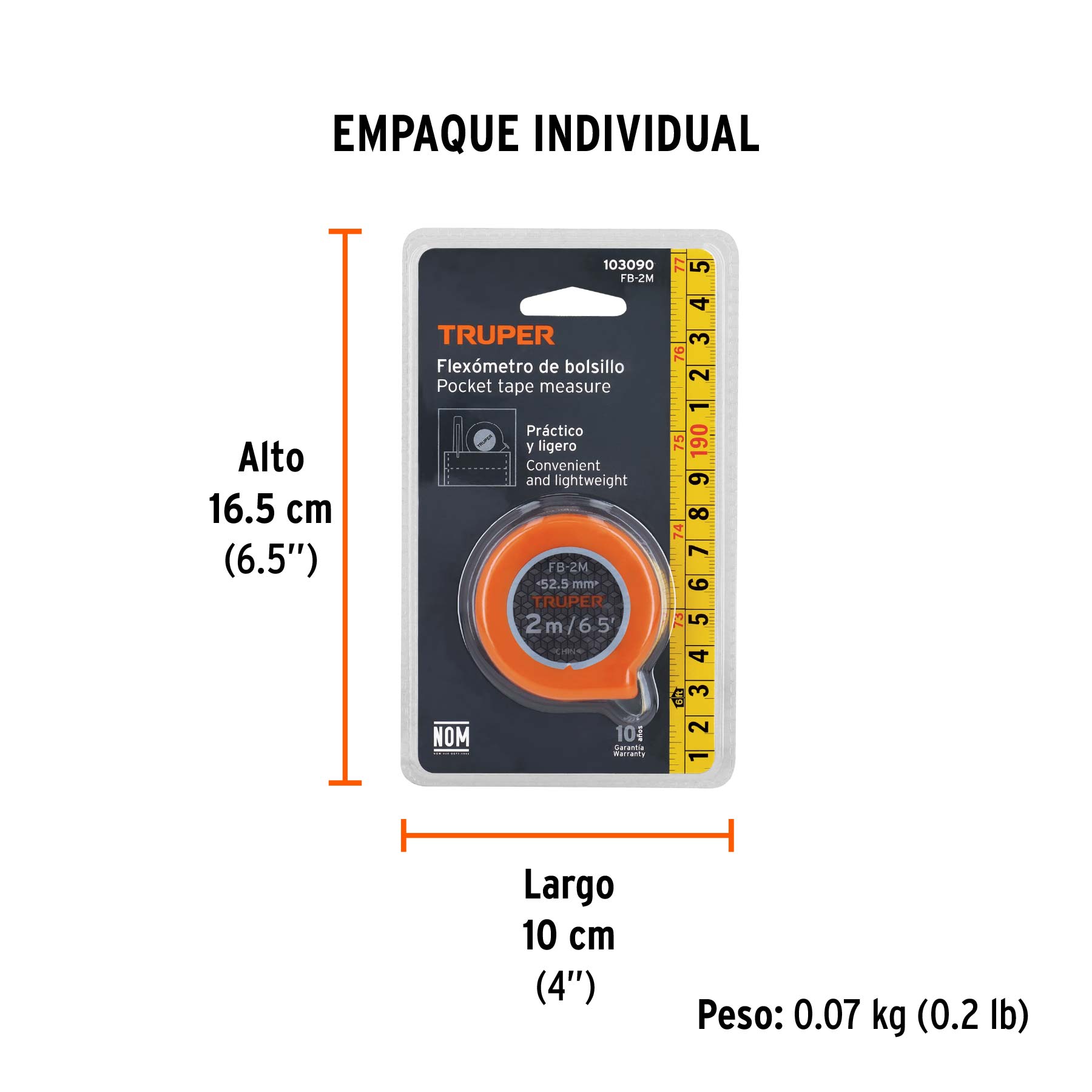Flexómetro de bolsillo 2 m cinta 13 mm, TRUPER - Empaque