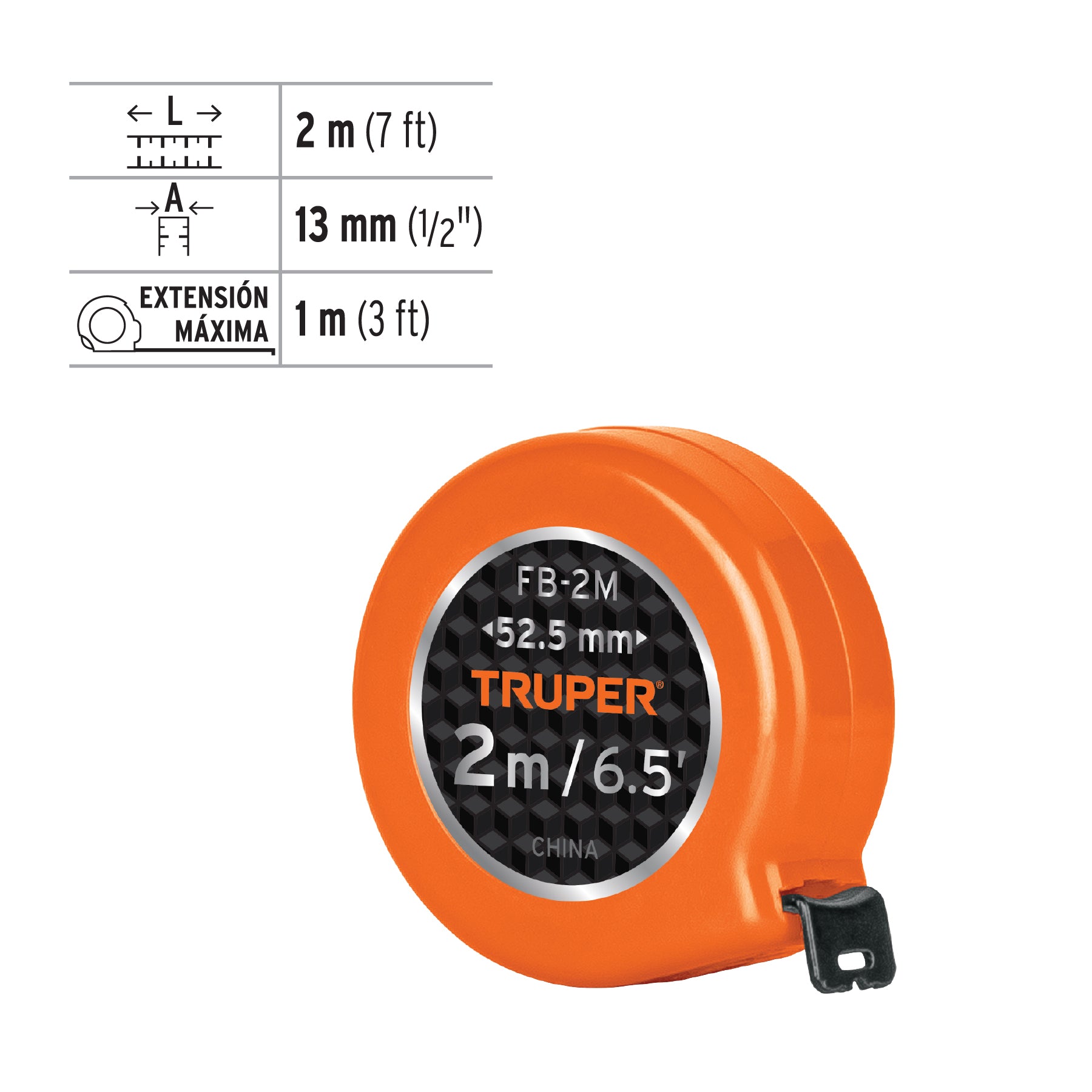 Flexómetro de bolsillo 2 m cinta 13 mm, TRUPER