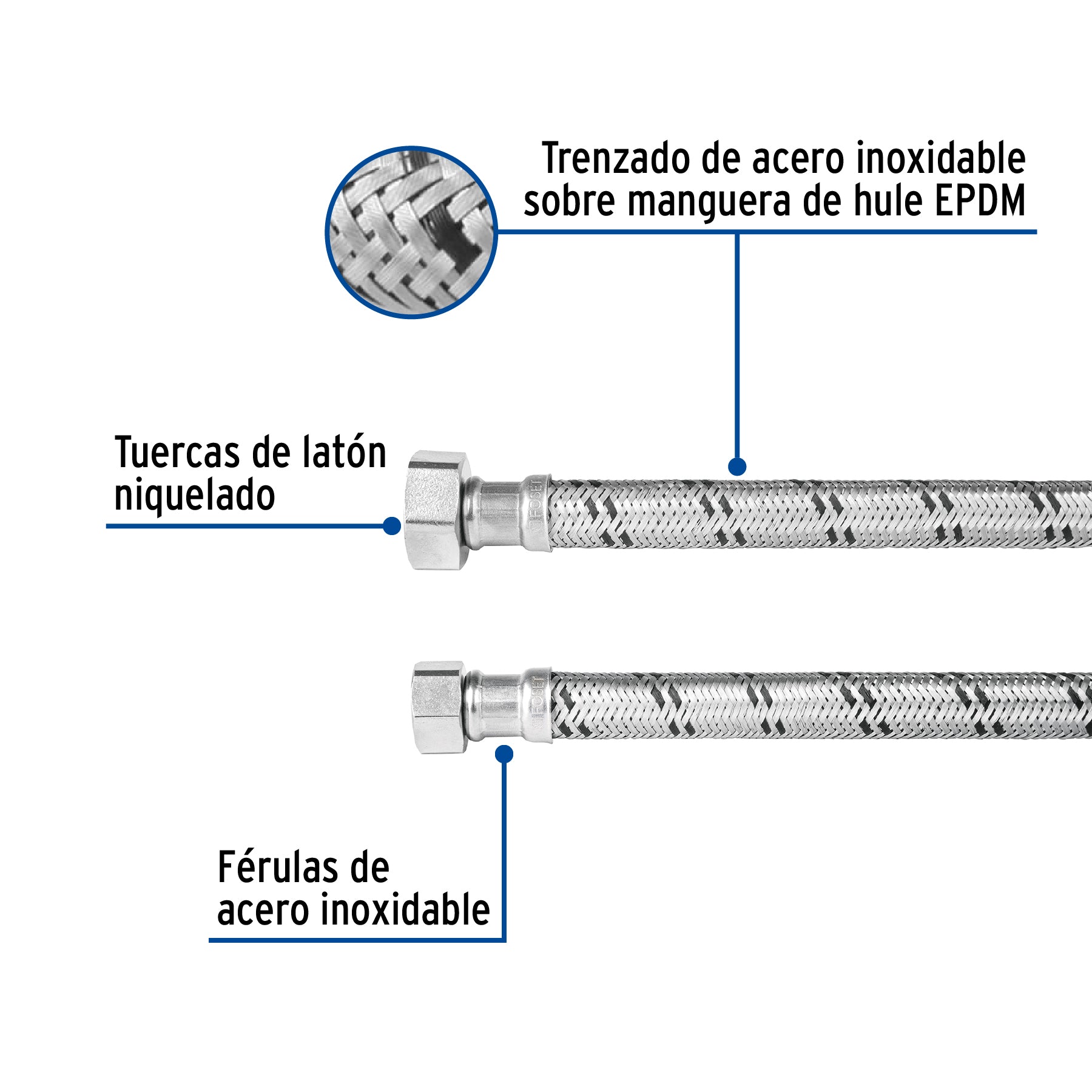 Manguera para boiler, acero inox. 1/2"H x 3/4"H, 120 cm