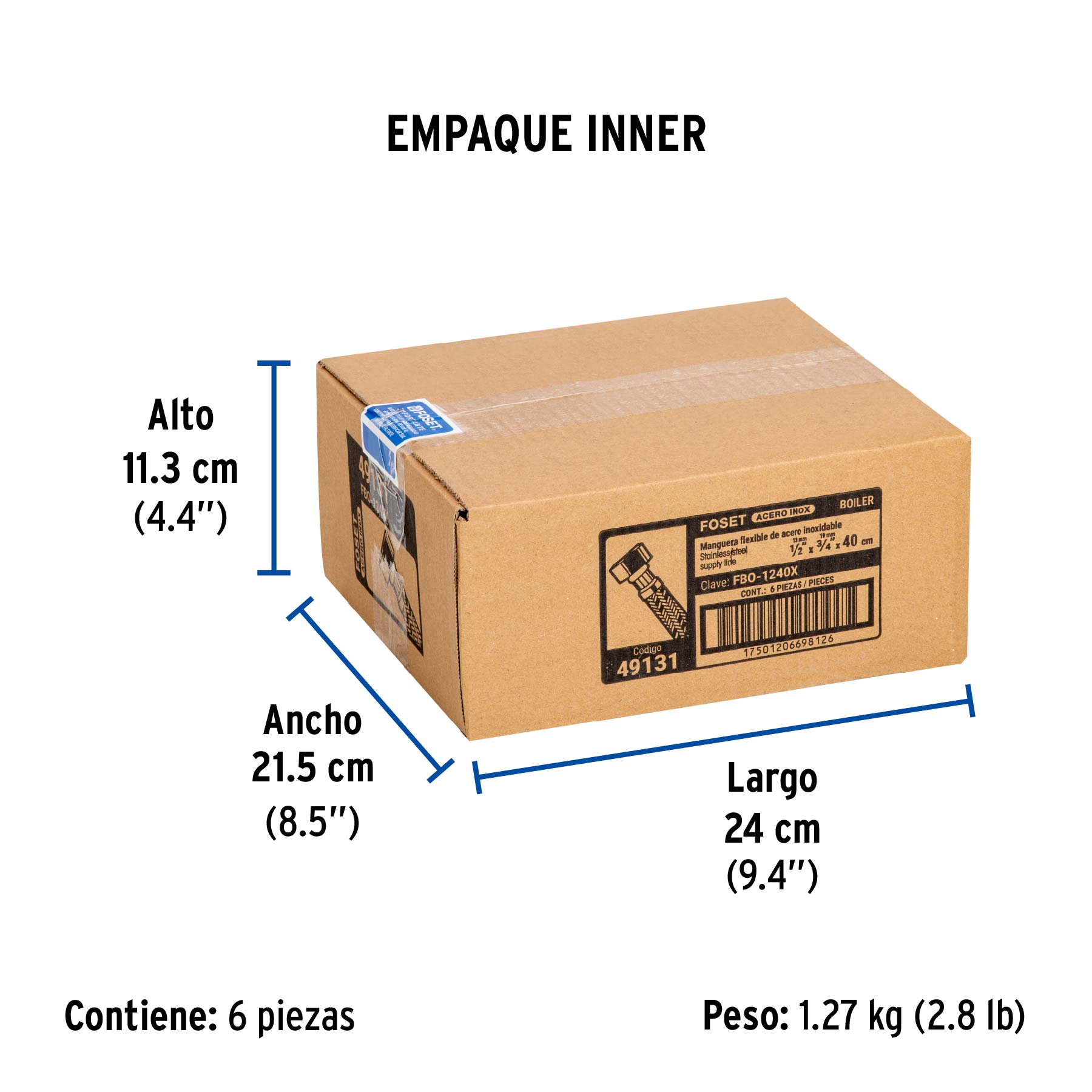 Manguera para boiler, acero inox. 1/2"H x 3/4"H, 40 cm - Empaque