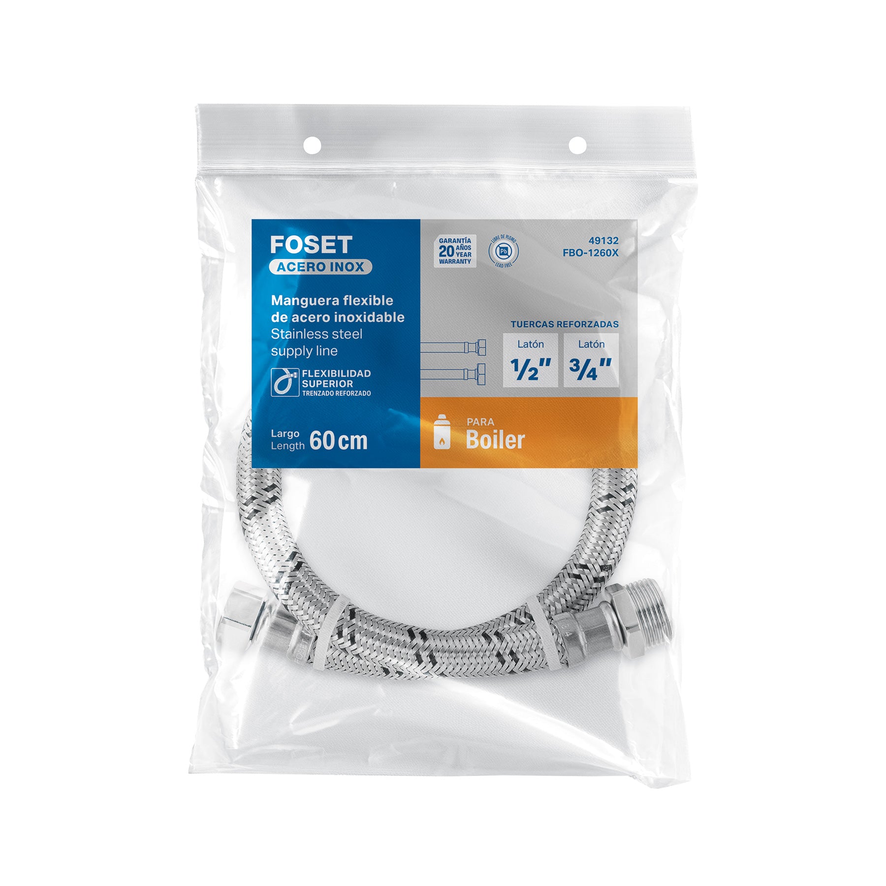 Manguera para boiler, acero inox. 1/2"H x 3/4"M, 60 cm