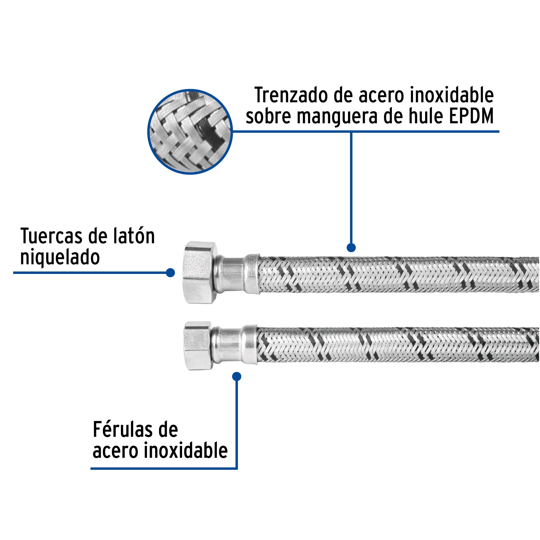 Manguera para boiler, acero inox. 1/2"H x 3/4"H, 60 cm