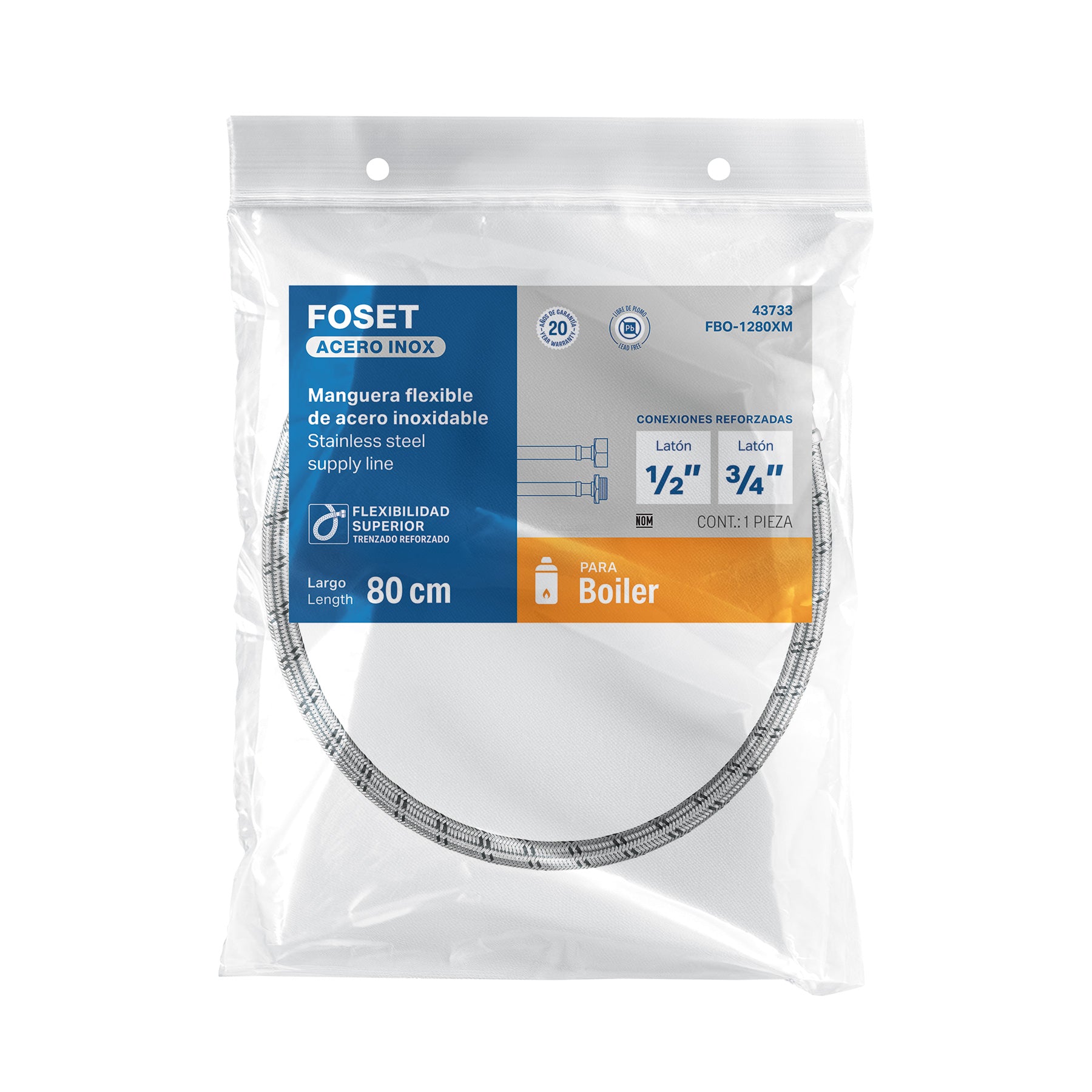 Manguera para boiler, acero inox. 1/2"H x 3/4"M, 80 cm