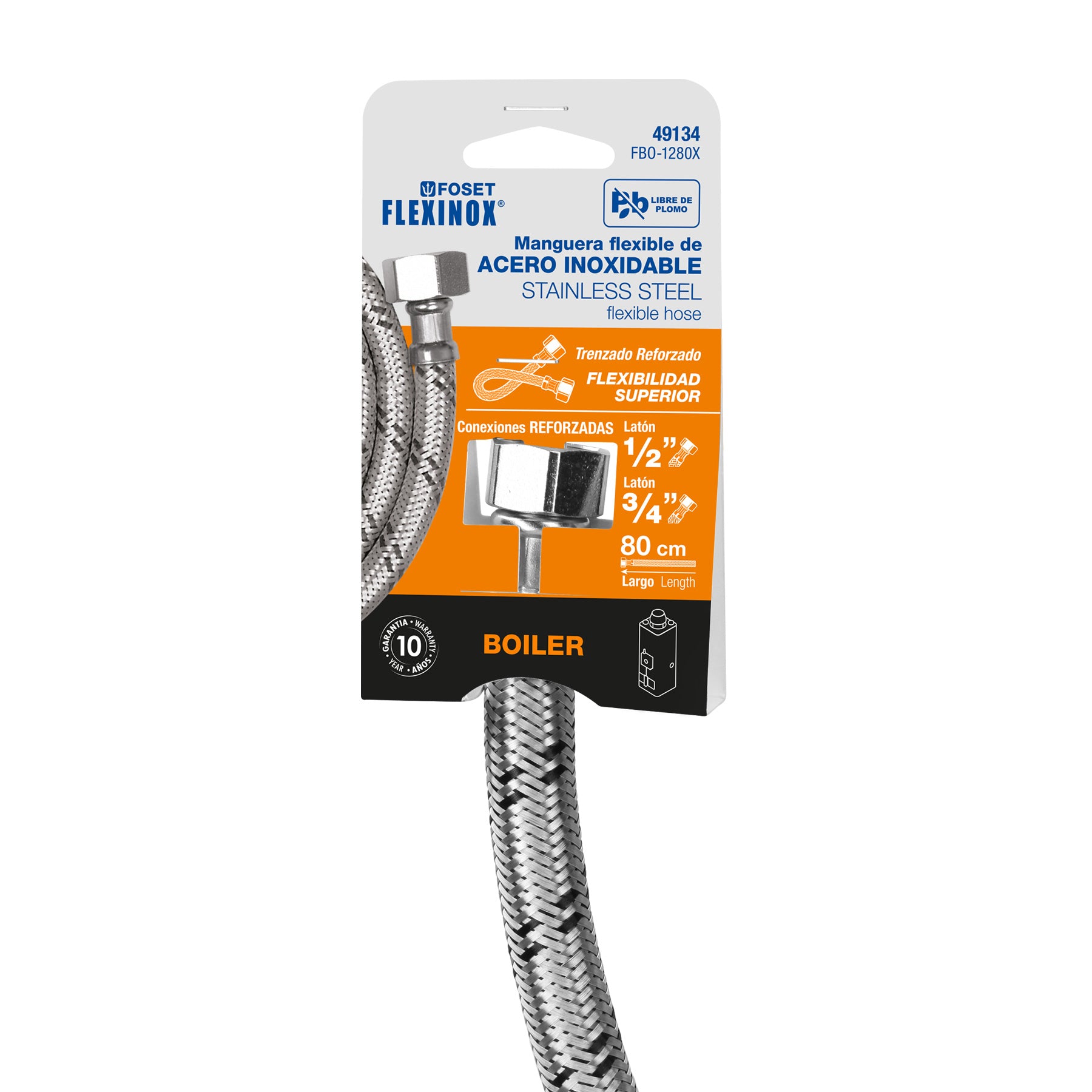 Manguera para boiler, acero inox. 1/2"H x 3/4"H, 80 cm
