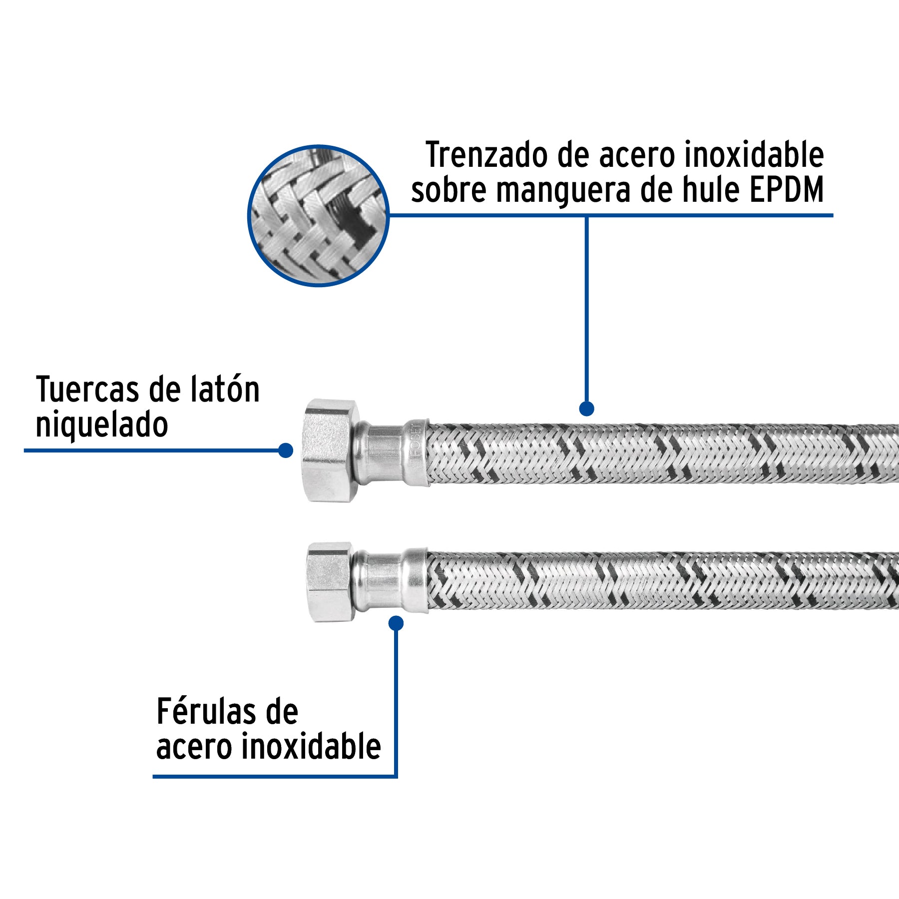 Manguera para boiler, acero inox. 1/2"H x 3/4"H, 80 cm