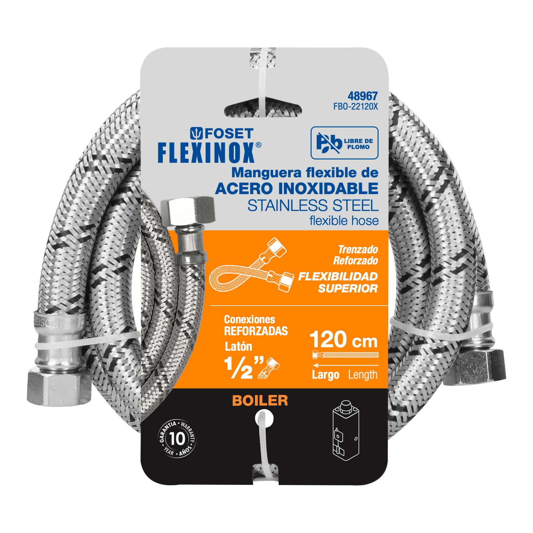 Manguera para boiler, acero inox. 1/2"H x 1/2"H, 120 cm