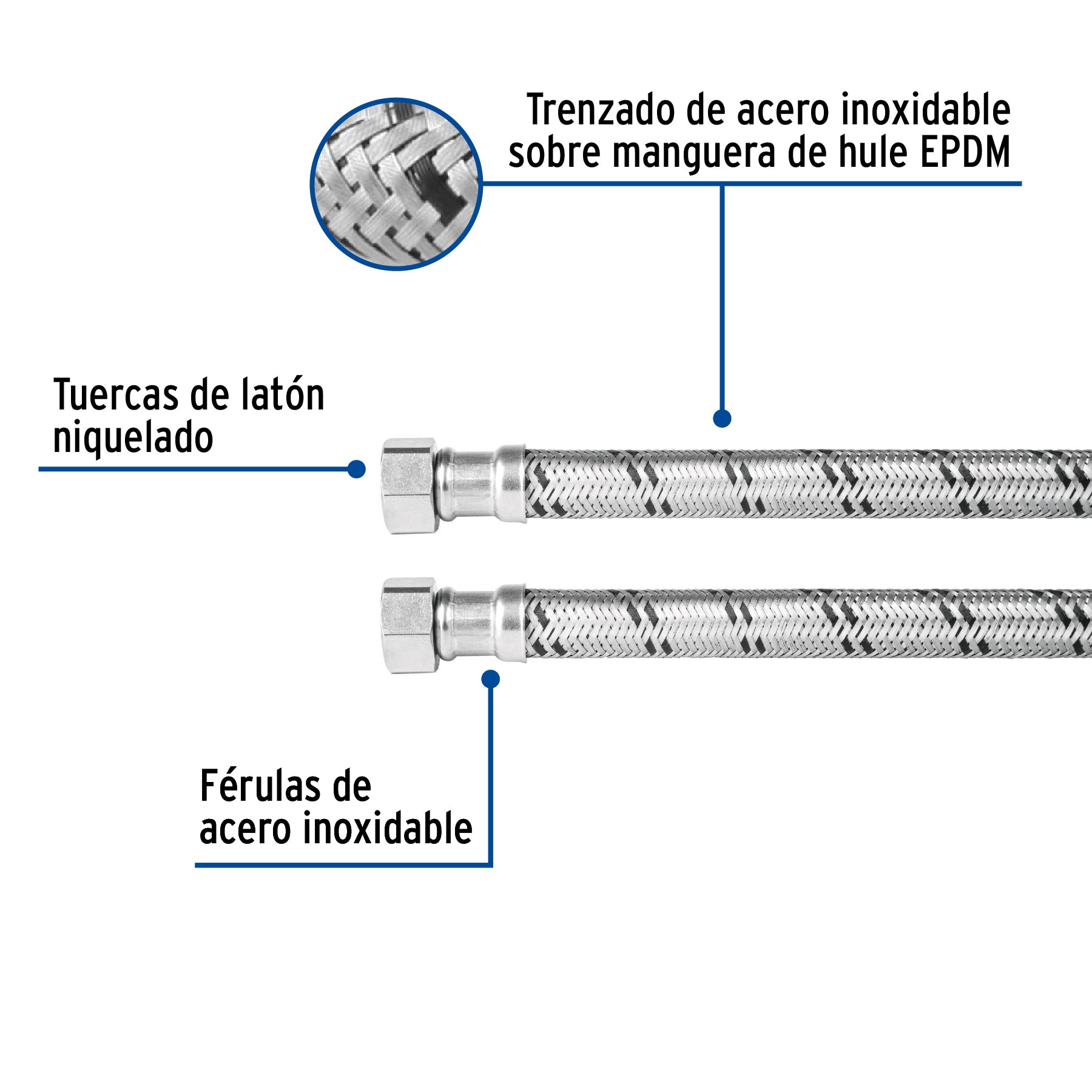 Manguera para boiler, acero inox. 1/2"H x 1/2"H, 120 cm