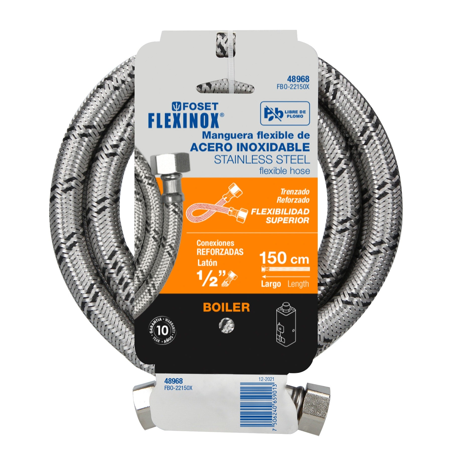 Manguera para boiler, acero inox. 1/2"H x 1/2"H, 150 cm