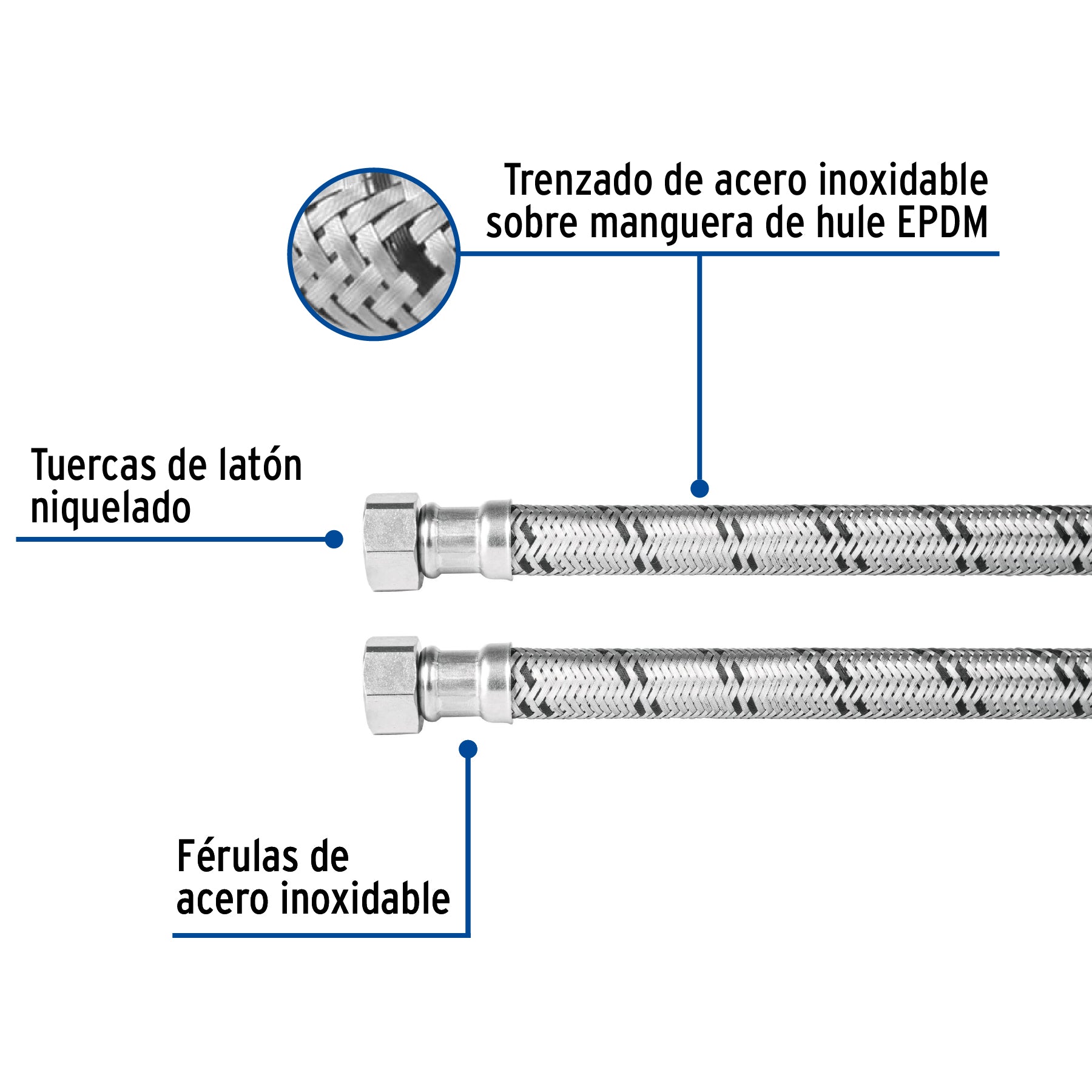 Manguera para boiler, acero inox. 1/2"H x 1/2"H, 60 cm
