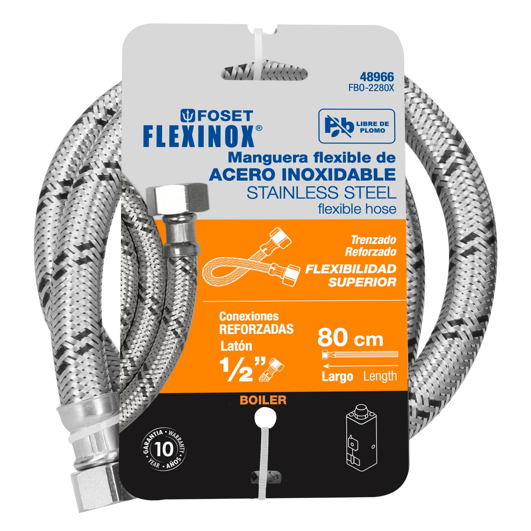 Manguera para boiler, acero inox. 1/2"H x 1/2"H, 80 cm