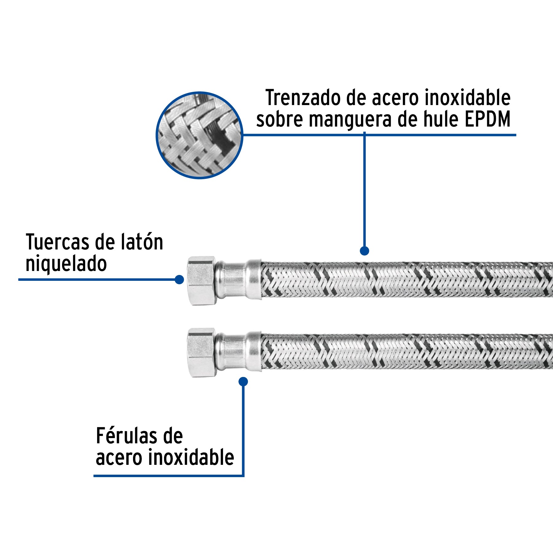Manguera para boiler, acero inox. 1/2"H x 1/2"H, 80 cm