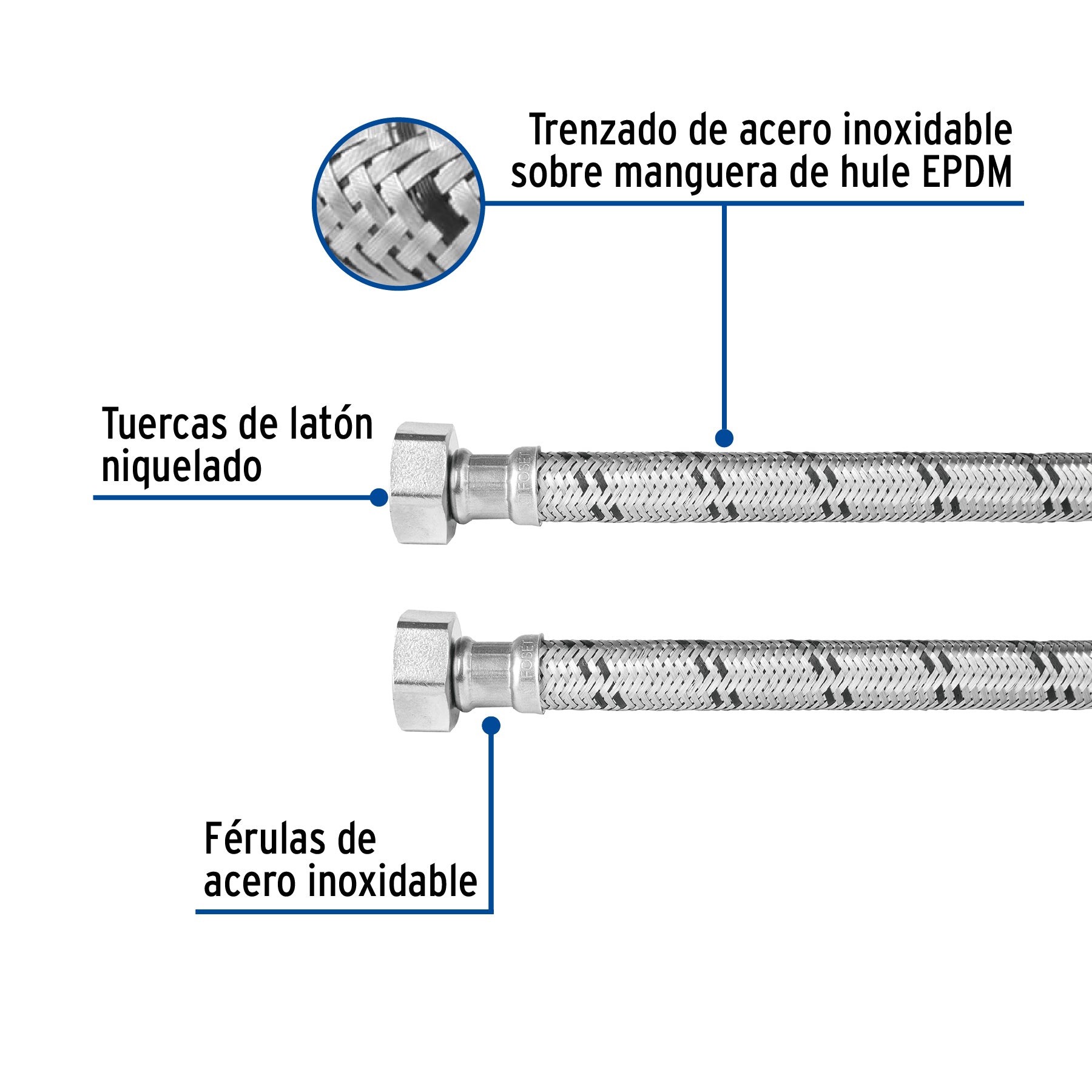 Manguera para boiler, acero inox. 3/4"H x 3/4"H, 100 cm