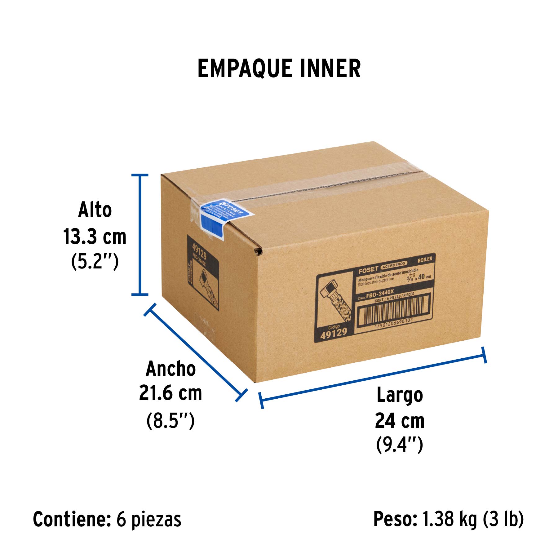 Manguera para boiler, acero inox. 3/4"H x 3/4"H, 40 cm - Empaque