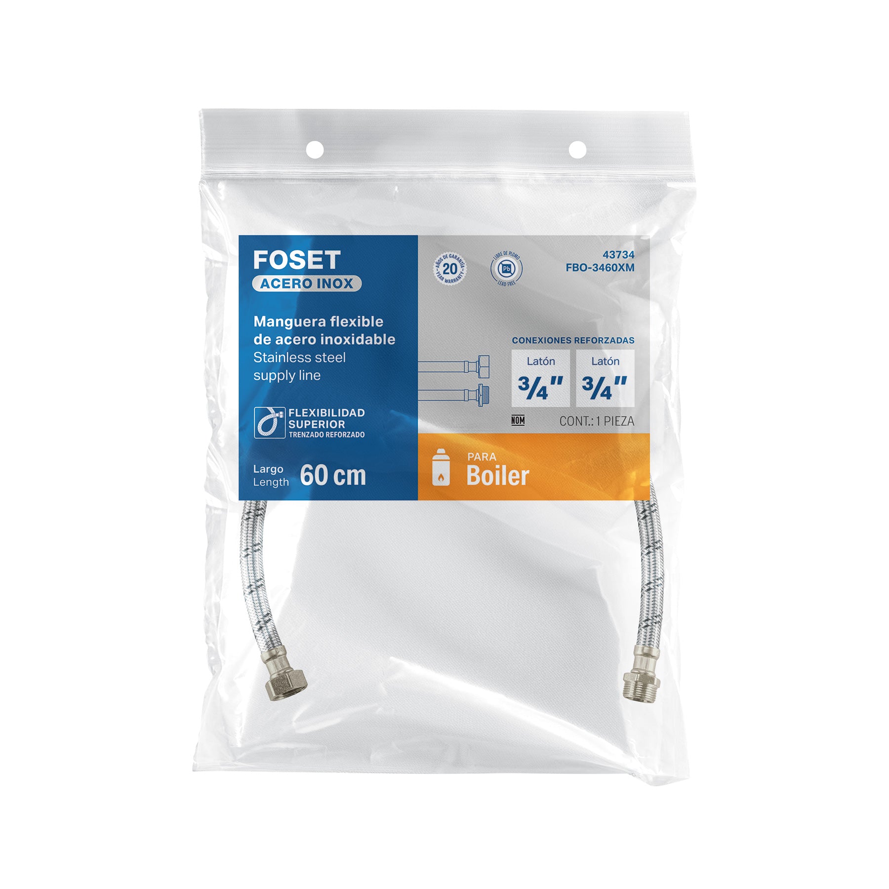 Manguera para boiler, acero inox. 3/4"H x 3/4"M, 60 cm