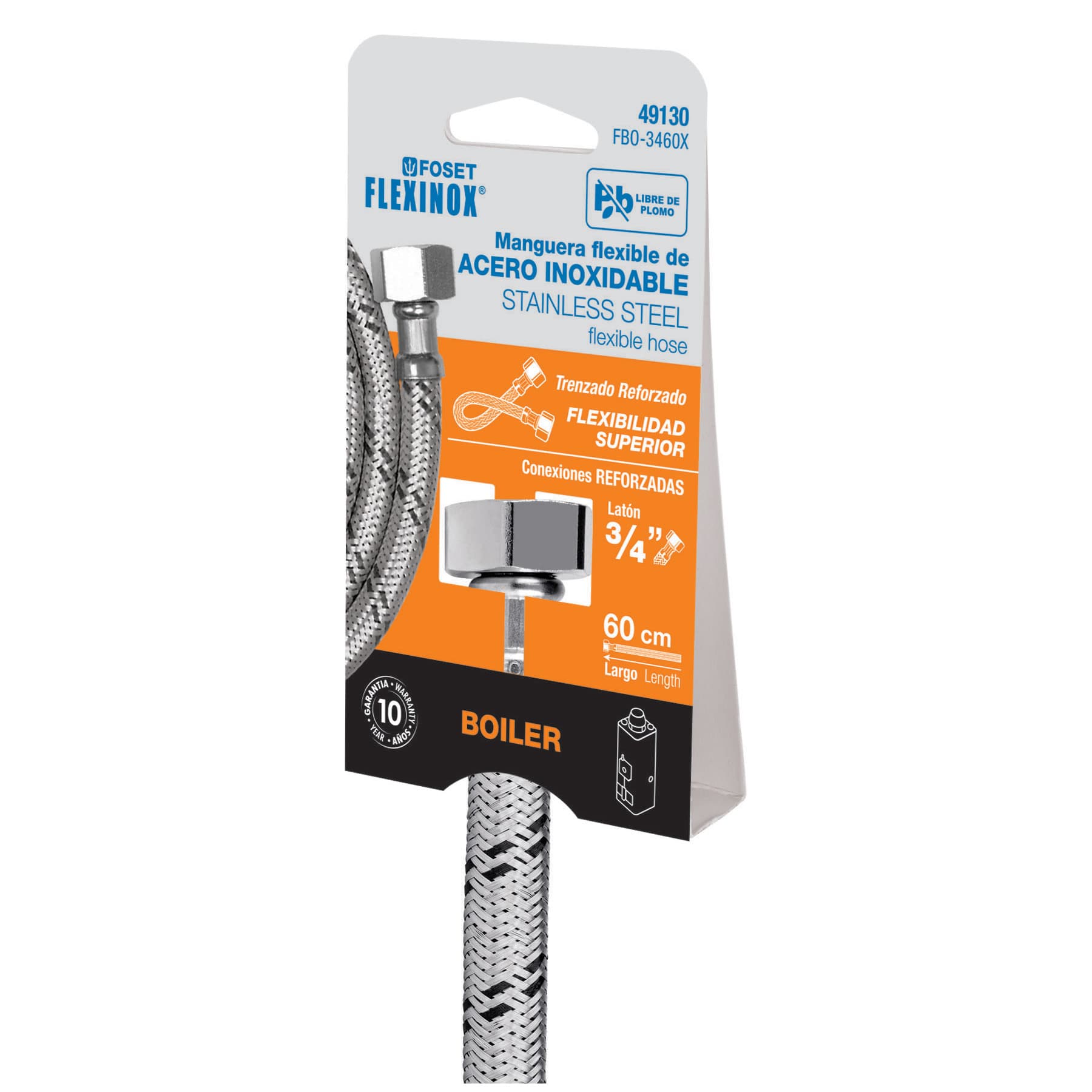 Manguera para boiler, acero inox. 3/4"H x 3/4"H, 60 cm