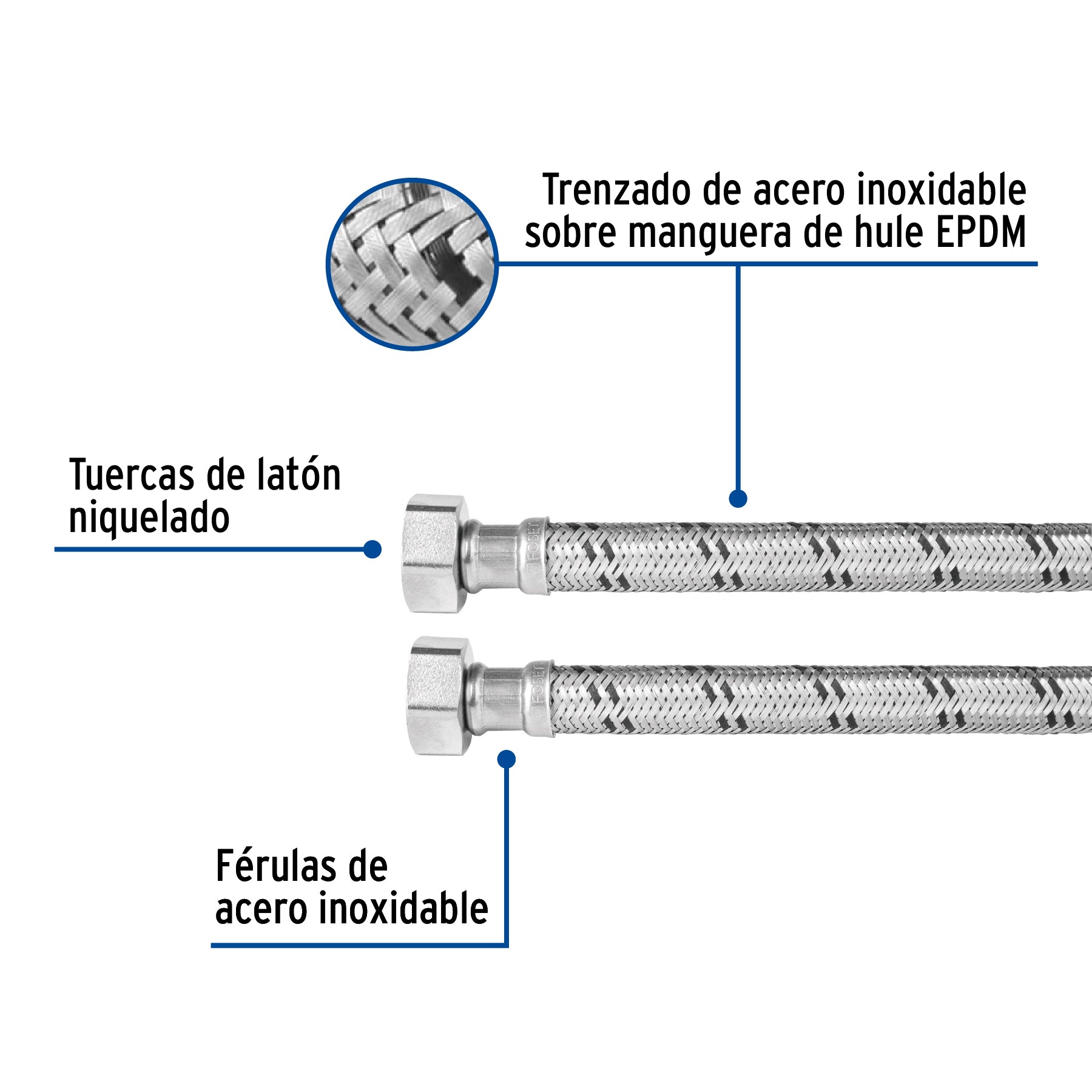 Manguera para boiler, acero inox. 3/4"H x 3/4"H, 60 cm