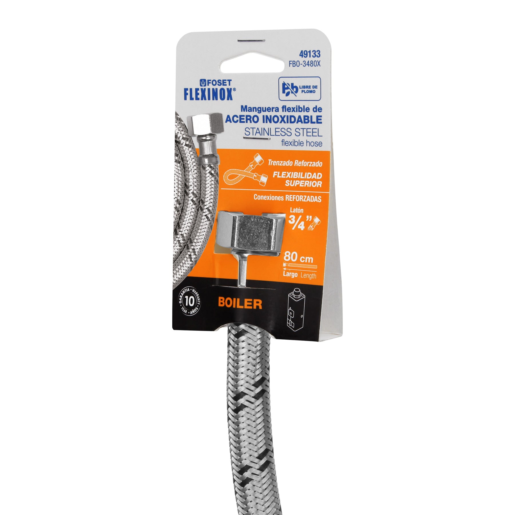 Manguera para boiler, acero inox. 3/4"H x 3/4"H, 80 cm