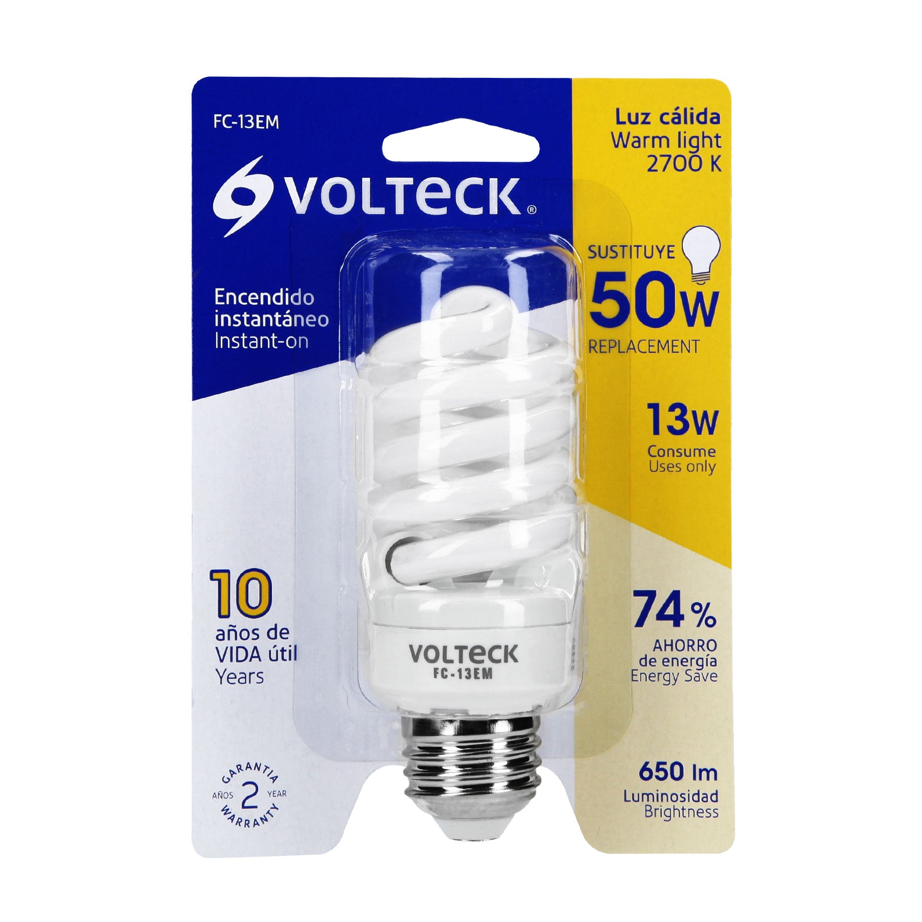 Lámpara espiral mini T2 13 W luz cálida en blíster, VOLTECK