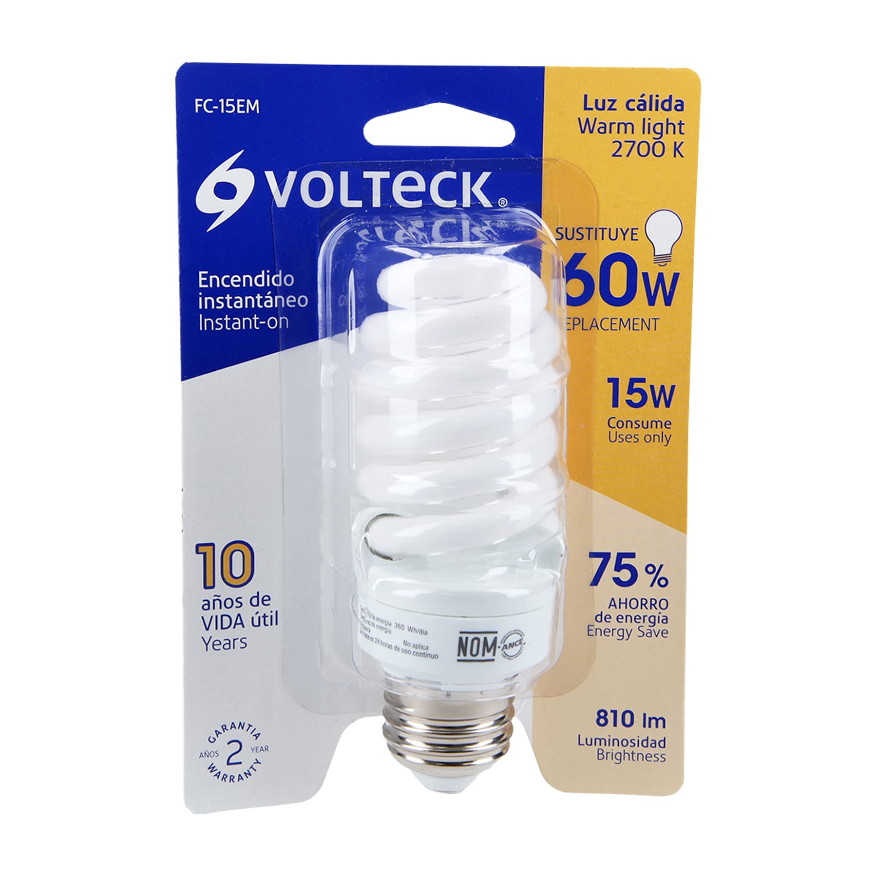Lámpara espiral mini T2 15 W luz cálida en blíster, VOLTECK