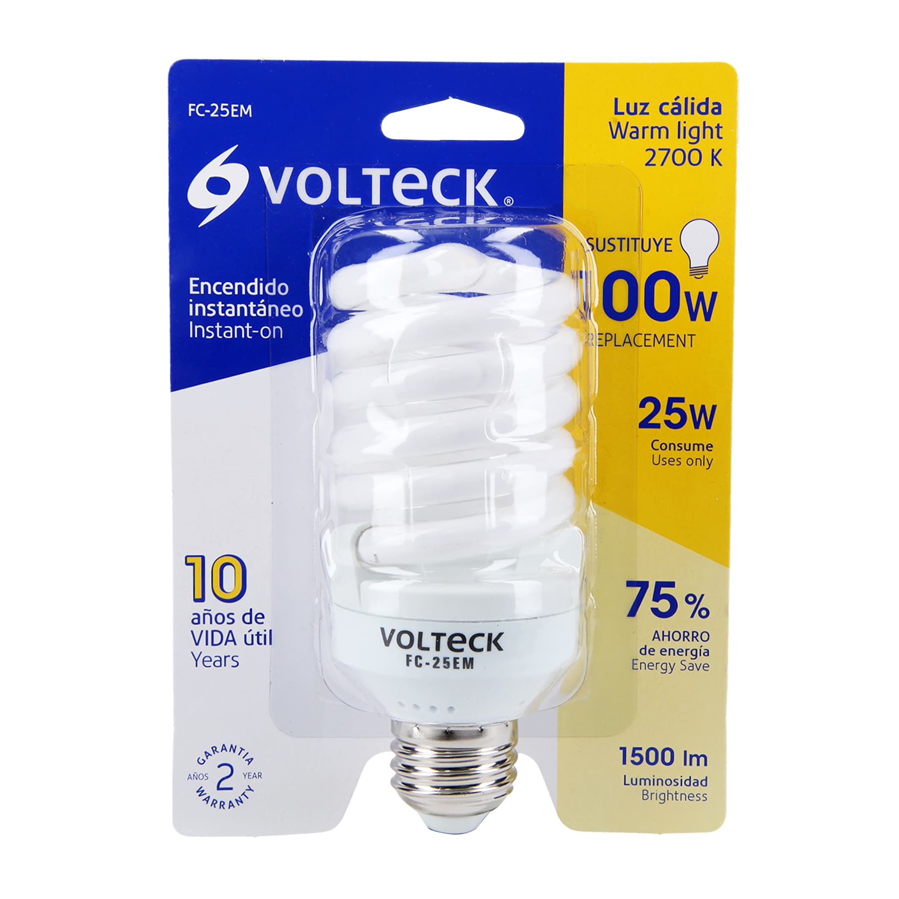 Lámpara espiral mini T2 25 W luz cálida en blíster, VOLTECK
