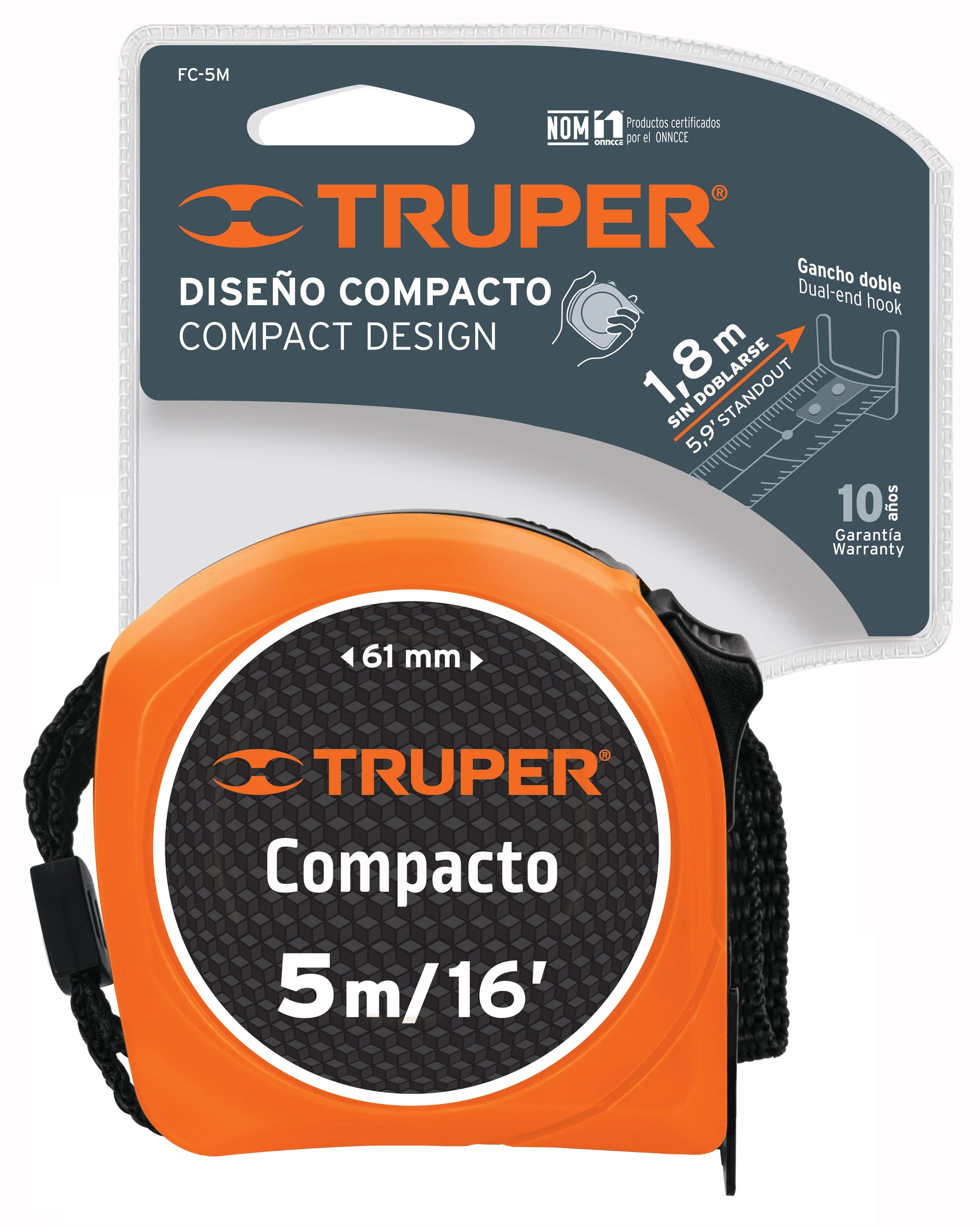 Flexómetro compacto, 5 m, cinta 19 mm