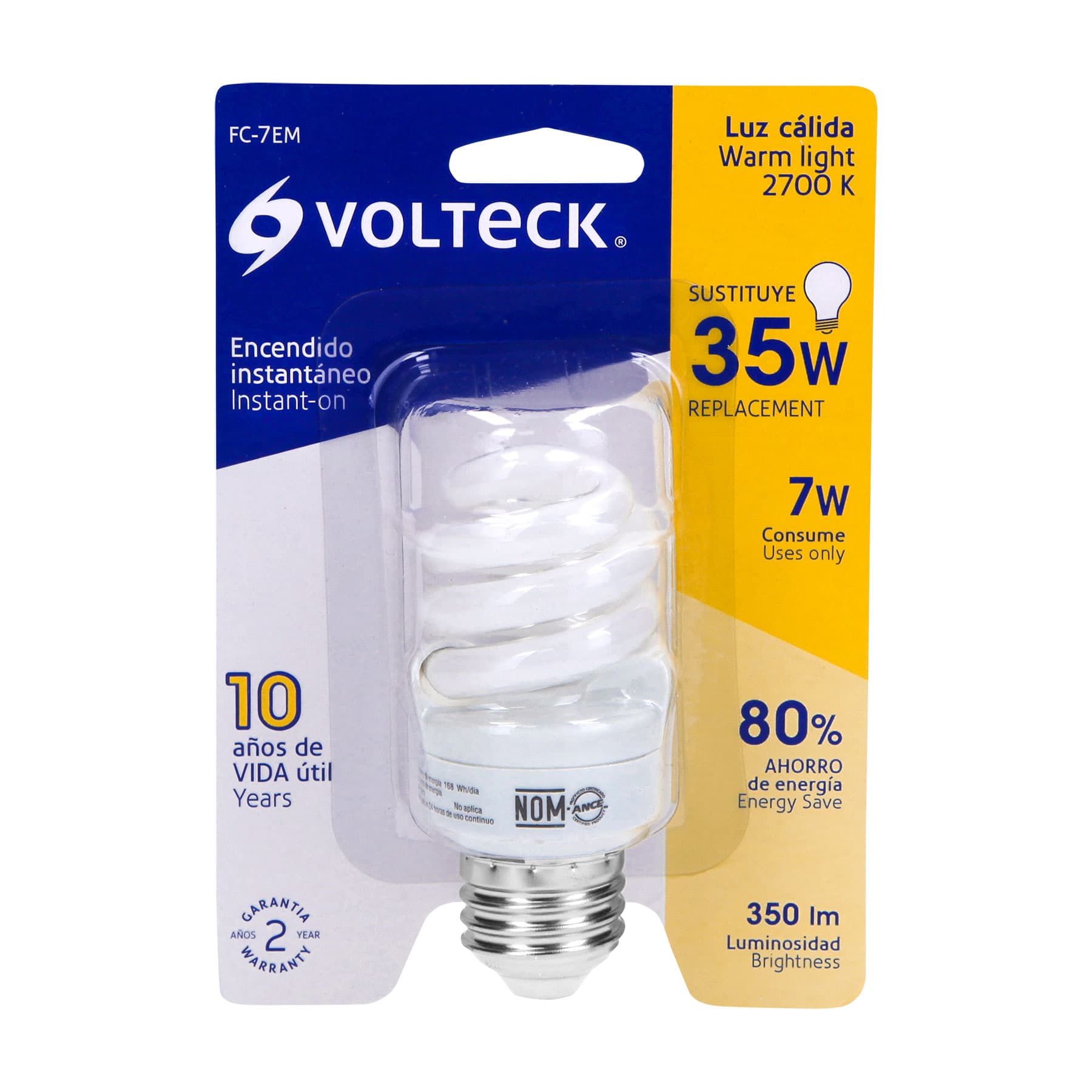 Lámpara espiral mini T2 7 W luz cálida en blíster, VOLTECK