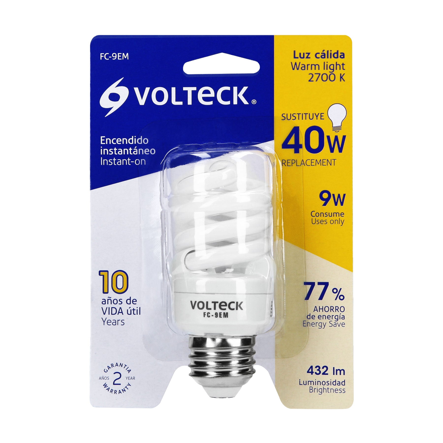 Lámpara espiral mini T2 9 W luz cálida en blíster, VOLTECK